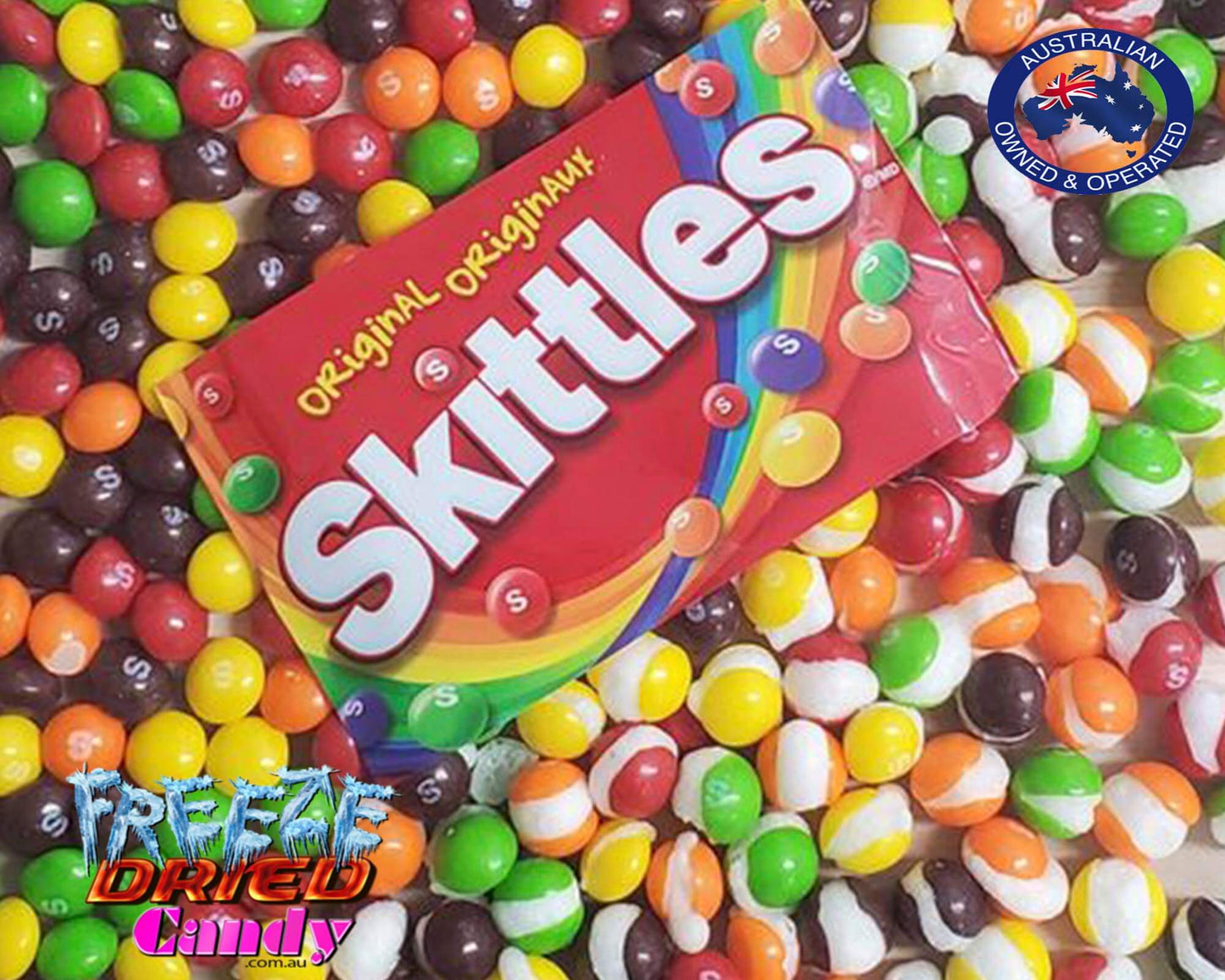 Freeze Dried Skittles - Original - Freeze Dried Candy Why chew when you can crunch. These Freeze-Dried Skittles are highly addicting. The flavor really pops. Now you can Crunch the Rainbow!