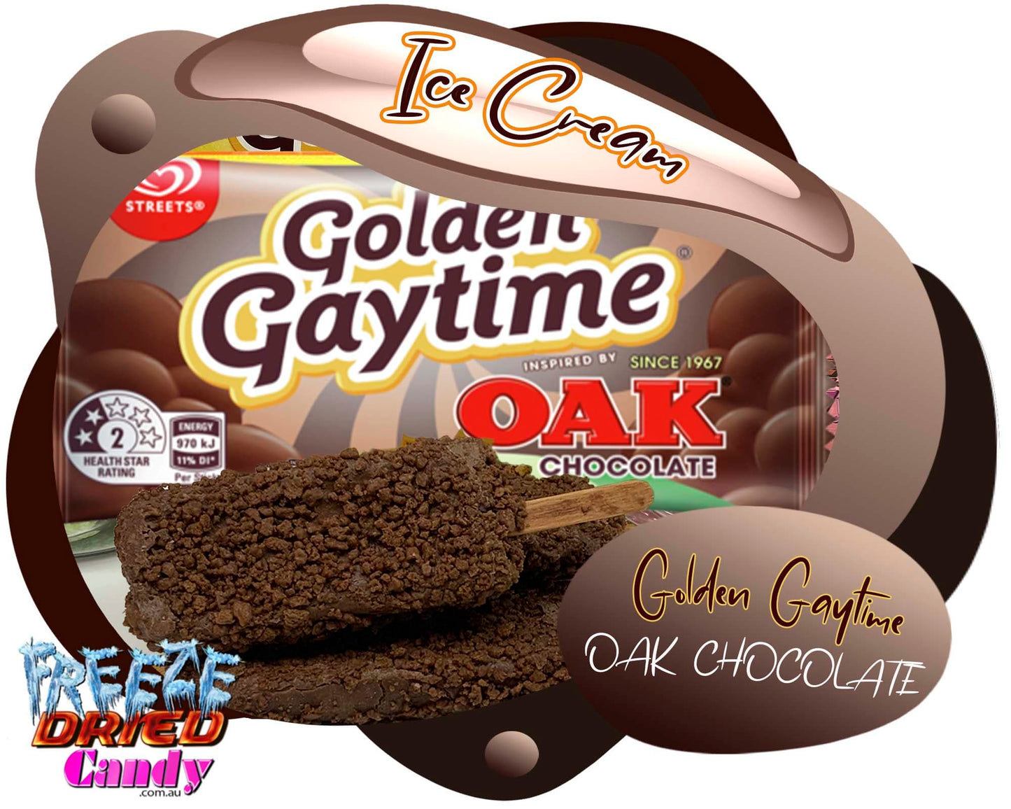 Freeze Dried Ice Cream - Golden Gaytime - Oak Chocolate Golden Gaytime, has released a brand-new collaboration: OAK Chocolate! Embracing the renowned flavour of OAK Chocolate. Once freeze dried it's light, airy, crunchy and full of flavor. So Yummy.. ! . These are perfect to take anywhere you want to go, it won't melt, NO they dont need refrigeration. they are ready to eat. You can take them camping, hiking, backpacking, or even save them in your emergency stash.!!