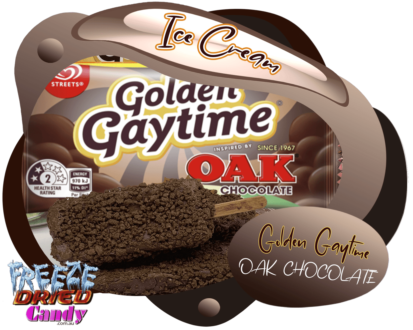 Freeze Dried Ice Cream - Golden Gaytime - Oak Chocolate Golden Gaytime, has released a brand-new collaboration: OAK Chocolate! Embracing the renowned flavour of OAK Chocolate. Once freeze dried it's light, airy, crunchy and full of flavor. So Yummy.. ! . These are perfect to take anywhere you want to go, it won't melt, NO they dont need refrigeration. they are ready to eat. You can take them camping, hiking, backpacking, or even save them in your emergency stash.!!