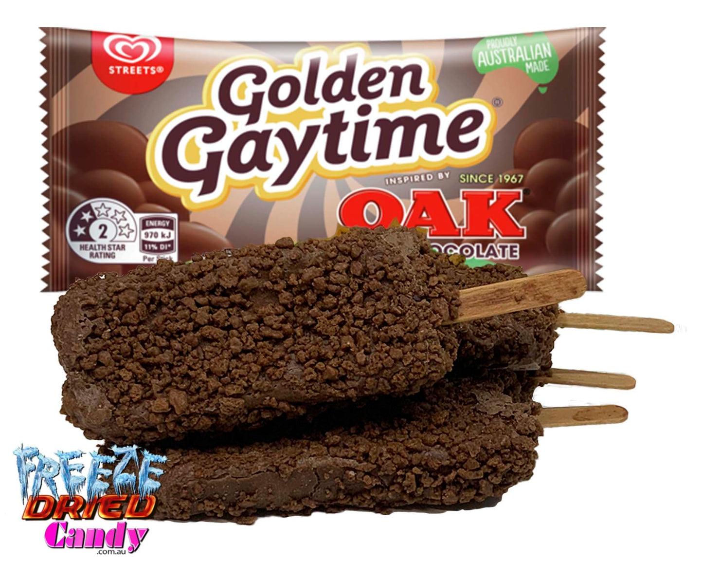 Freeze Dried Ice Cream - Golden Gaytime - Oak Chocolate Golden Gaytime, has released a brand-new collaboration: OAK Chocolate! Embracing the renowned flavour of OAK Chocolate. Once freeze dried it's light, airy, crunchy and full of flavor. So Yummy.. ! . These are perfect to take anywhere you want to go, it won't melt, NO they dont need refrigeration. they are ready to eat. You can take them camping, hiking, backpacking, or even save them in your emergency stash.!!