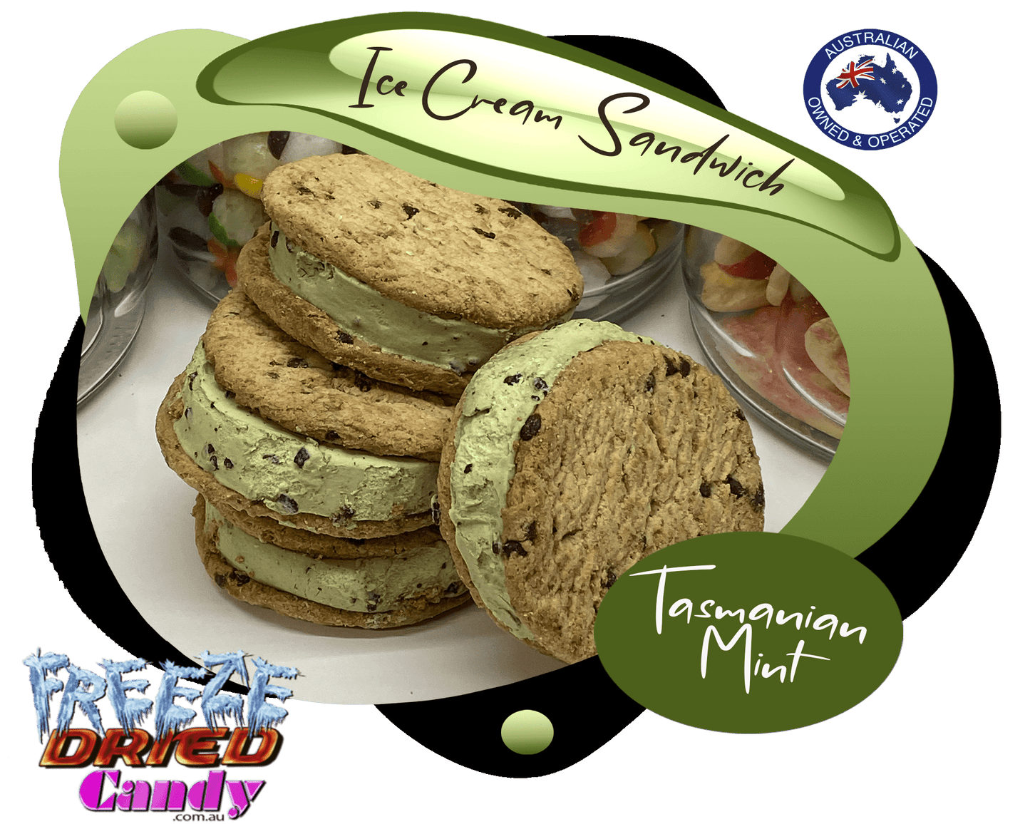 Freeze Dried Ice Cream Sandwich - Tasmanian Mint - Freeze Dried Candy Lollies Take your taste buds on a space odyssey with a freeze-dried Tasmanian Mint ice cream, sandwiched between two chocolate chip cookies. A process that is approved by the world's leading authority on space exploration – NASA! Its ready-to-eat, crispy, light, and extremely tasty. Freeze dried ice cream is for traveller's anywhere.