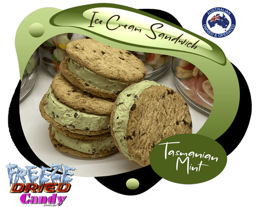 Freeze Dried Ice Cream Sandwich - Tasmanian Mint - Freeze Dried Candy Lollies Take your taste buds on a space odyssey with a freeze-dried Tasmanian Mint ice cream, sandwiched between two chocolate chip cookies.  A process that is approved by the world's leading authority on space exploration – NASA!  Its ready-to-eat, crispy, light, and extremely tasty. Freeze dried ice cream is for traveller's anywhere.