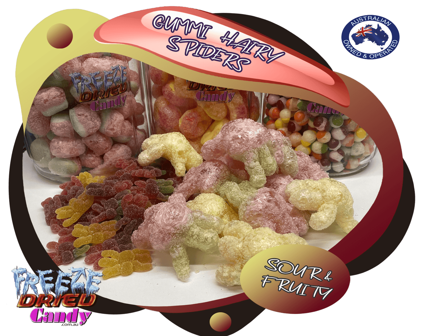 Freeze Dried Gummi Hairy Spiders - Sour Sour Gummi Hairy Spider all puffed up, oh so crunchy, and oh so Yummy. Deliciously fruity flavoured and brightly coloured, these gaint Freeze Dried Gummi Spiders are light, airy, fun and crispy, enjoy your favourite candy in a whole new way!. These scary Spiders are perfect for Halloween, themed events or simply as a enoyable snack