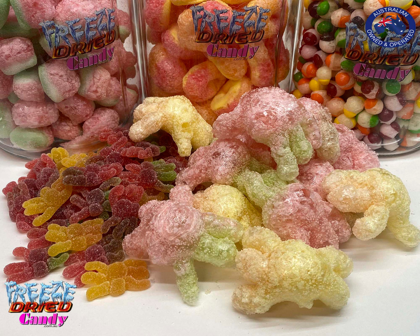 Freeze Dried Gummi Hairy Spiders - Sour Sour Gummi Hairy Spider all puffed up, oh so crunchy, and oh so Yummy. Deliciously fruity flavoured and brightly coloured, these gaint Freeze Dried Gummi Spiders are light, airy, fun and crispy, enjoy your favourite candy in a whole new way!. These scary Spiders are perfect for Halloween, themed events or simply as a enoyable snack