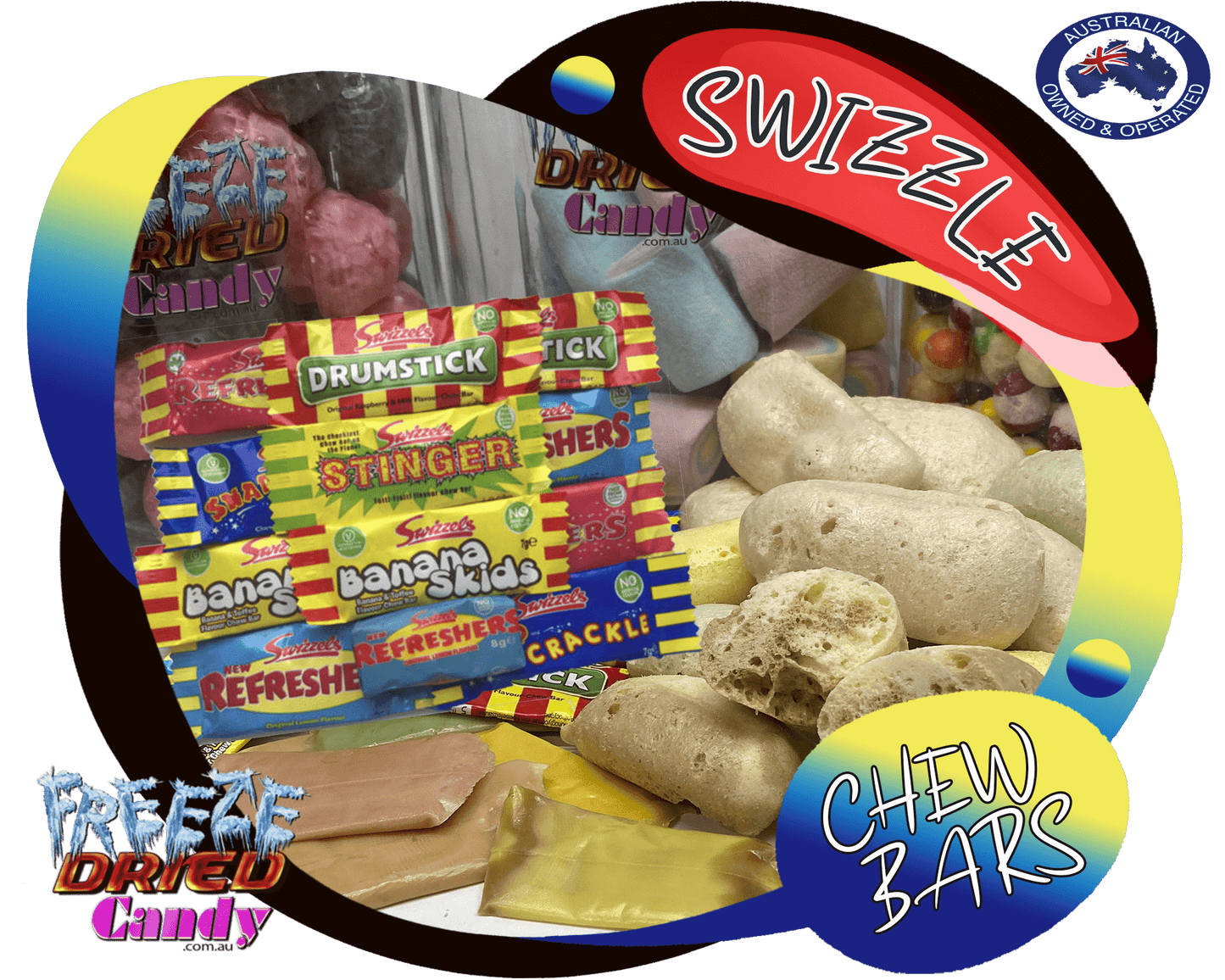 Freeze Dried Swizzels - Mini Me Chew Bars - Freeze Dried Candy Lollies We have taken the classic Swizzels Mini Me Chew bar and put it through the freeze drying process, they keep their wonderful flavors but ditch the chewy texture. They are now little bursts of crunchy freeze dried goodness in your favorite Swizzel Chew bar.