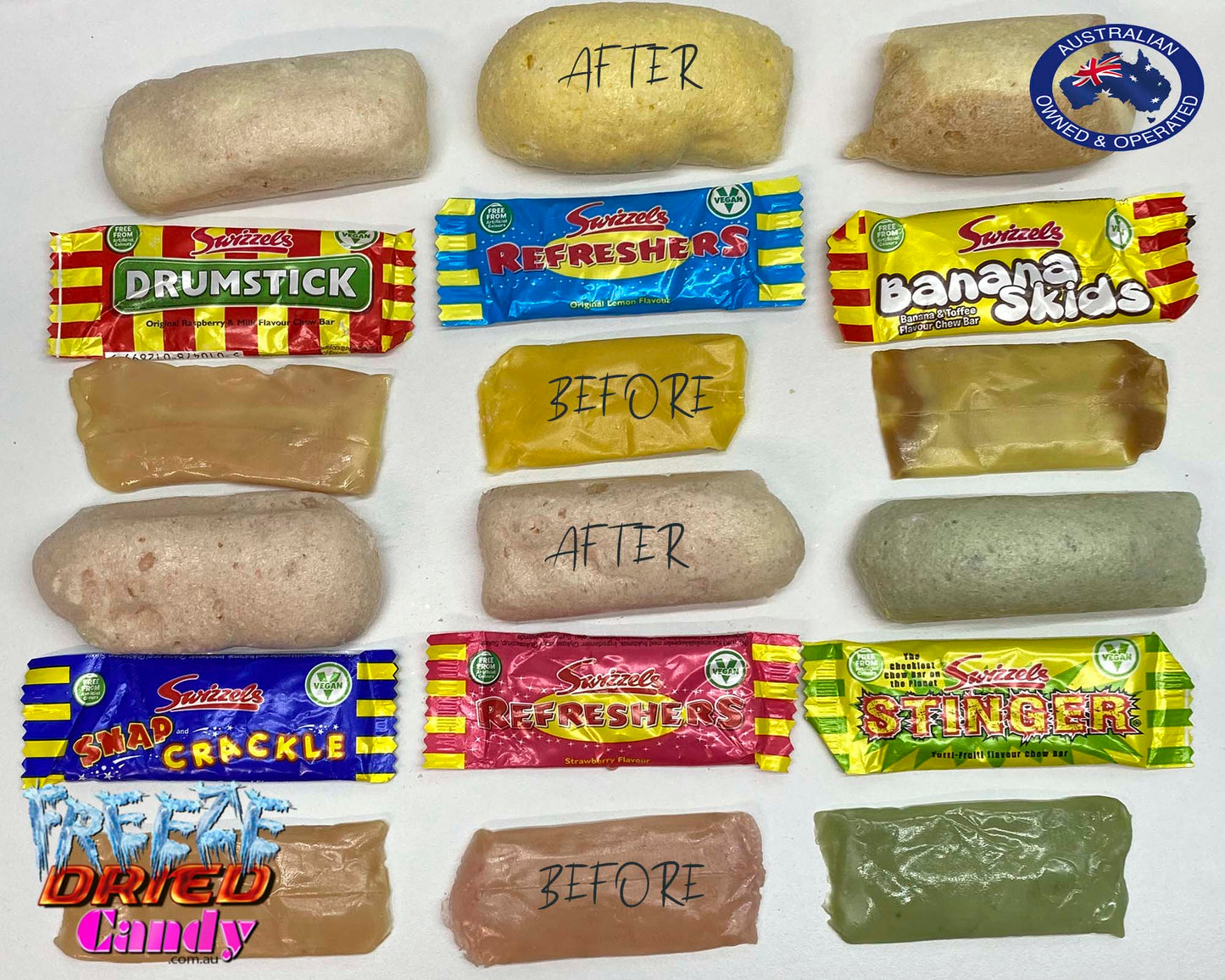 Freeze Dried Swizzels - Mini Me Chew Bars - Freeze Dried Candy Lollies We have taken the classic Swizzels Mini Me Chew bar and put it through the freeze drying process, they keep their wonderful flavors but ditch the chewy texture. They are now little bursts of crunchy freeze dried goodness in your favorite Swizzel Chew bar.