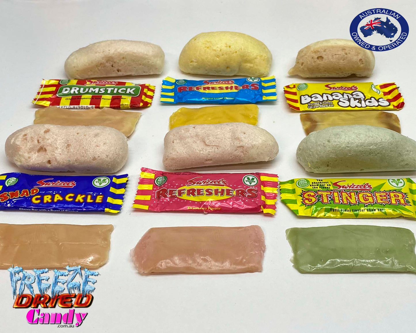Freeze Dried Swizzels - Mini Me Chew Bars - Freeze Dried Candy Lollies We have taken the classic Swizzels Mini Me Chew bar and put it through the freeze drying process, they keep their wonderful flavors but ditch the chewy texture. They are now little bursts of crunchy freeze dried goodness in your favorite Swizzel Chew bar.
