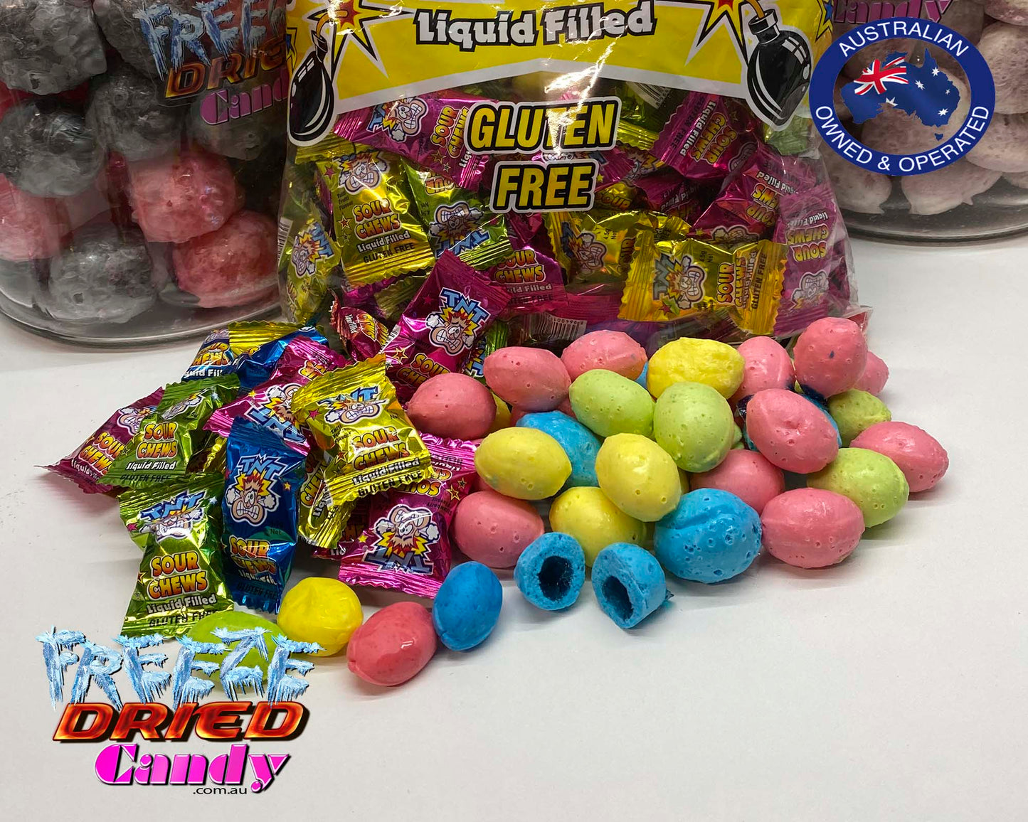 Freeze Dried TNT Sour Chews - Freeze Dried Candy Lollies & Treats Mouthwatering super sour flavour explosion! TNT Sour Chews are a chewy candy with a sour liquid centre! When Freeze Dried TNT Sour Chews expand slighty, the flavour intensifies. With all the moisture removed they now have a dense, some what like a hard chalk texture! The chew turns to crunch..!