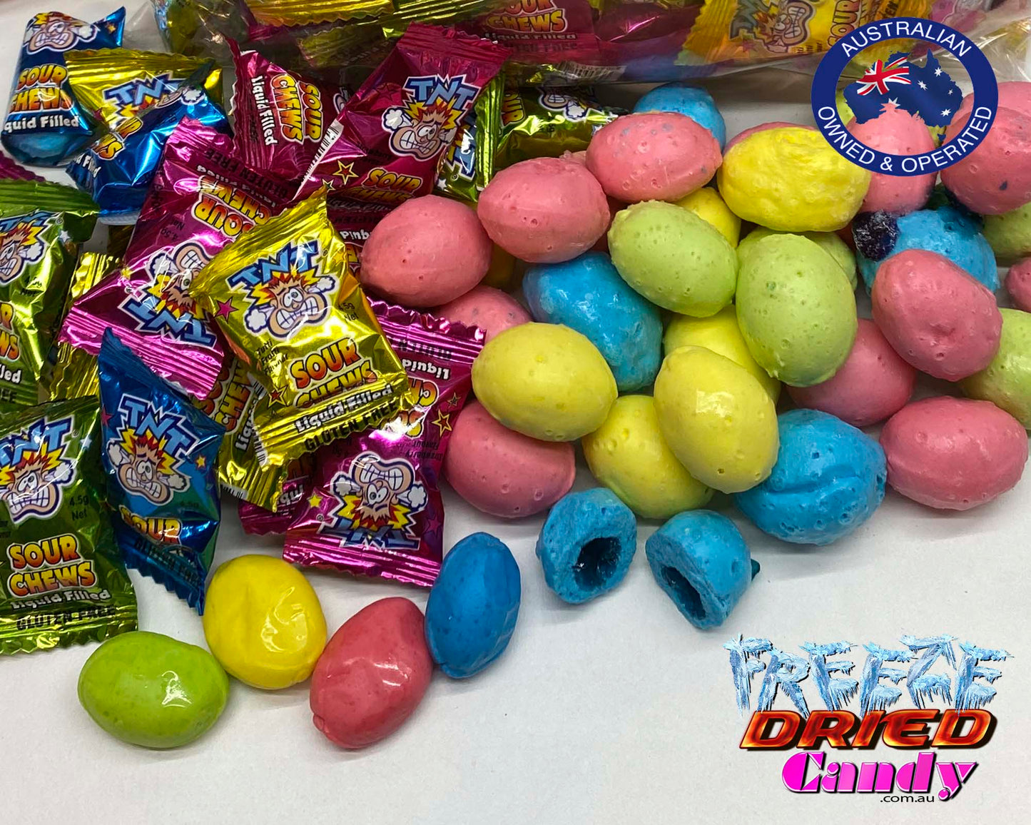 Freeze Dried TNT Sour Chews - Freeze Dried Candy Lollies & Treats Mouthwatering super sour flavour explosion! TNT Sour Chews are a chewy candy with a sour liquid centre! When Freeze Dried TNT Sour Chews expand slighty, the flavour intensifies. With all the moisture removed they now have a dense, some what like a hard chalk texture! The chew turns to crunch..!