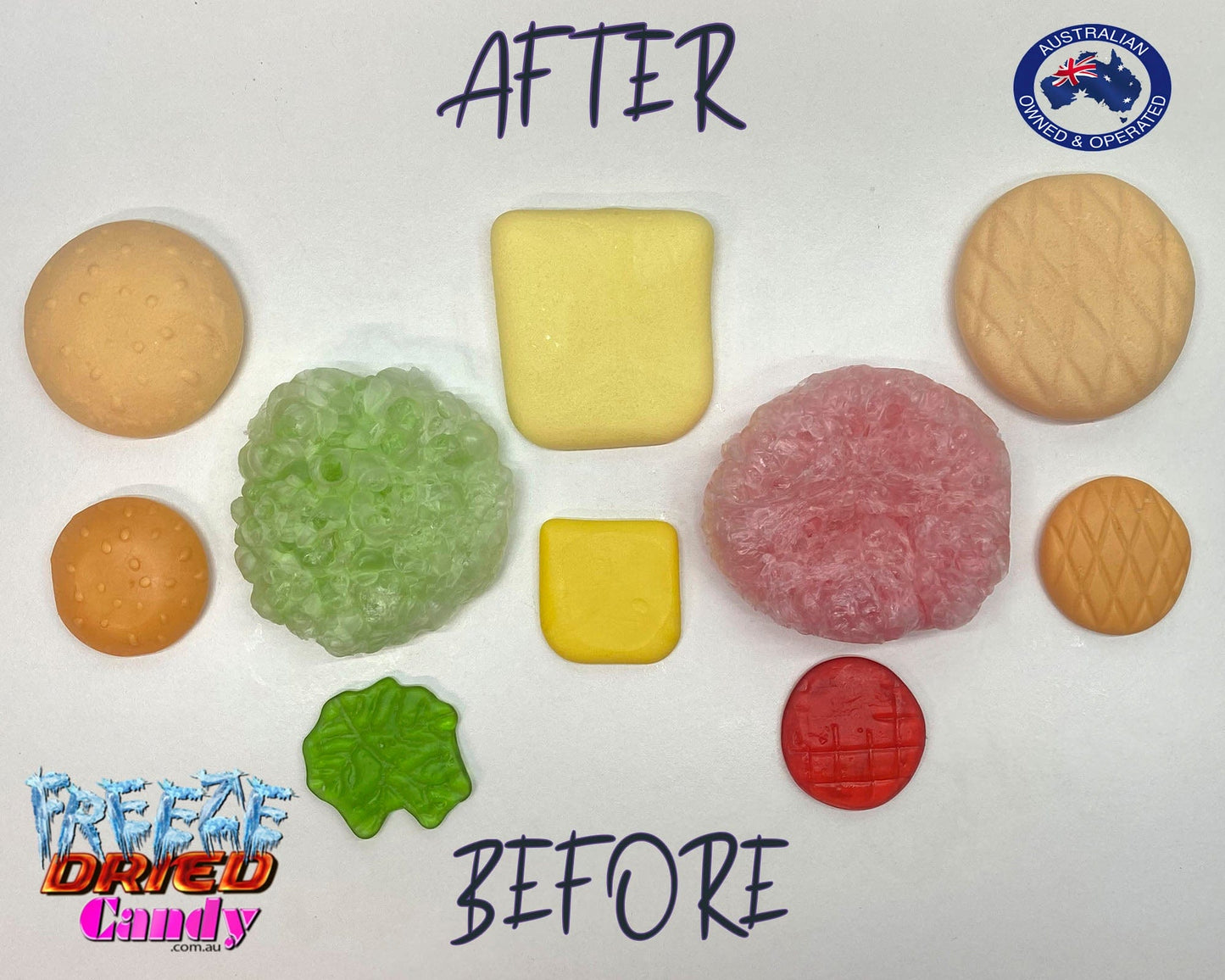 Freeze Dried XXL Burger by Trolli | Freeze Dried Candy Lollies Sweets treats. Turns from XXL to a Massive Gaint Crunchy Puffy Burger, and oh so tasty. Made up of five delicious layers: a bread roll top, salad, cheese, meat, and a bottom bread bun. Each layer is separated and has a different color and fruit flavor. combinations of rhubarb, raspberry, strawberry, pineapple-kiwi-gooseberry with a touch of yoghurt and cream. No-one can resist their original flavour. Bite into one now!
