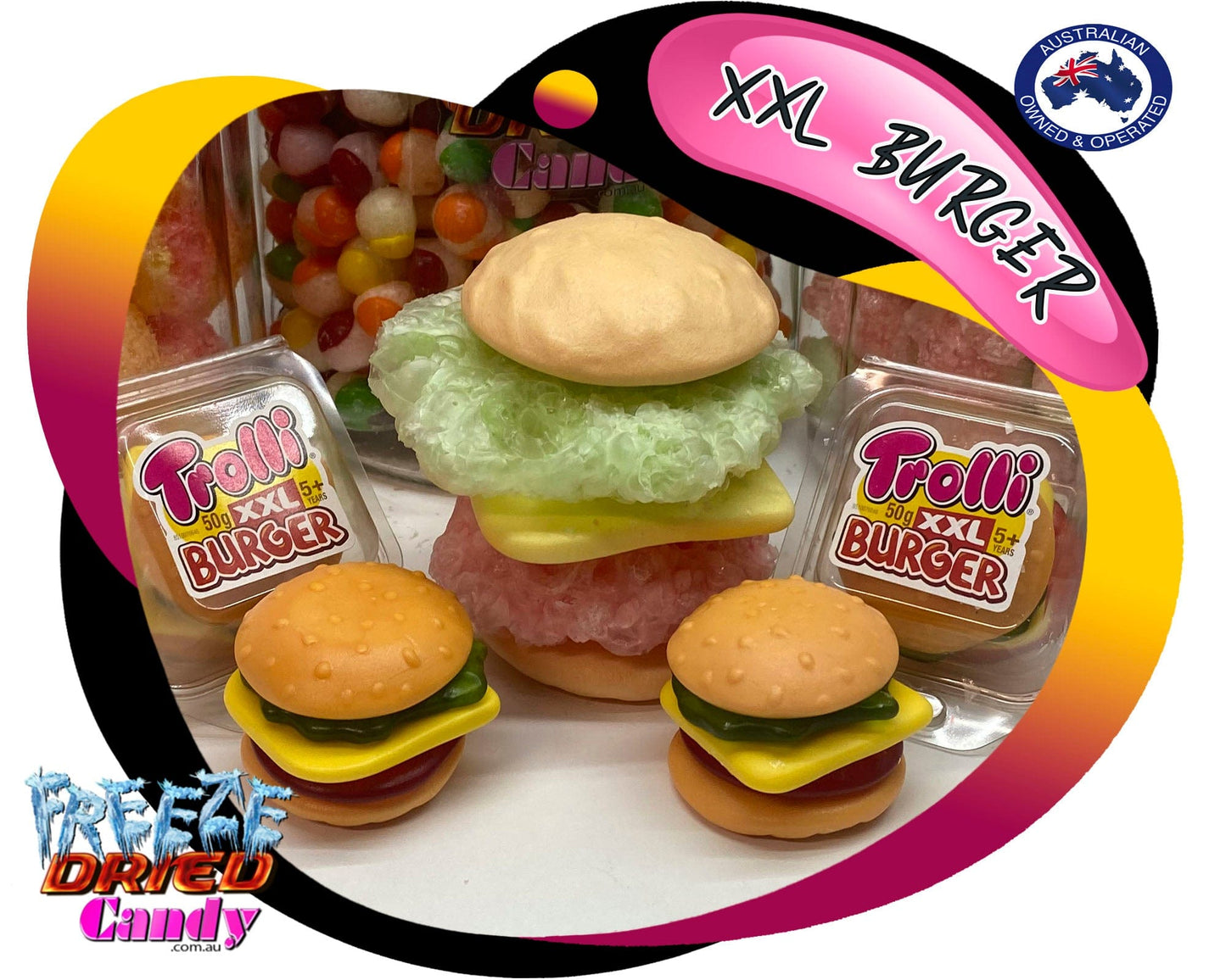 Freeze Dried XXL Burger by Trolli | Freeze Dried Candy Lollies Sweets treats. Turns from XXL to a Massive Gaint Crunchy Puffy Burger, and oh so tasty. Made up of five delicious layers: a bread roll top, salad, cheese, meat, and a bottom bread bun. Each layer is separated and has a different color and fruit flavor. combinations of rhubarb, raspberry, strawberry, pineapple-kiwi-gooseberry with a touch of yoghurt and cream. No-one can resist their original flavour. Bite into one now!