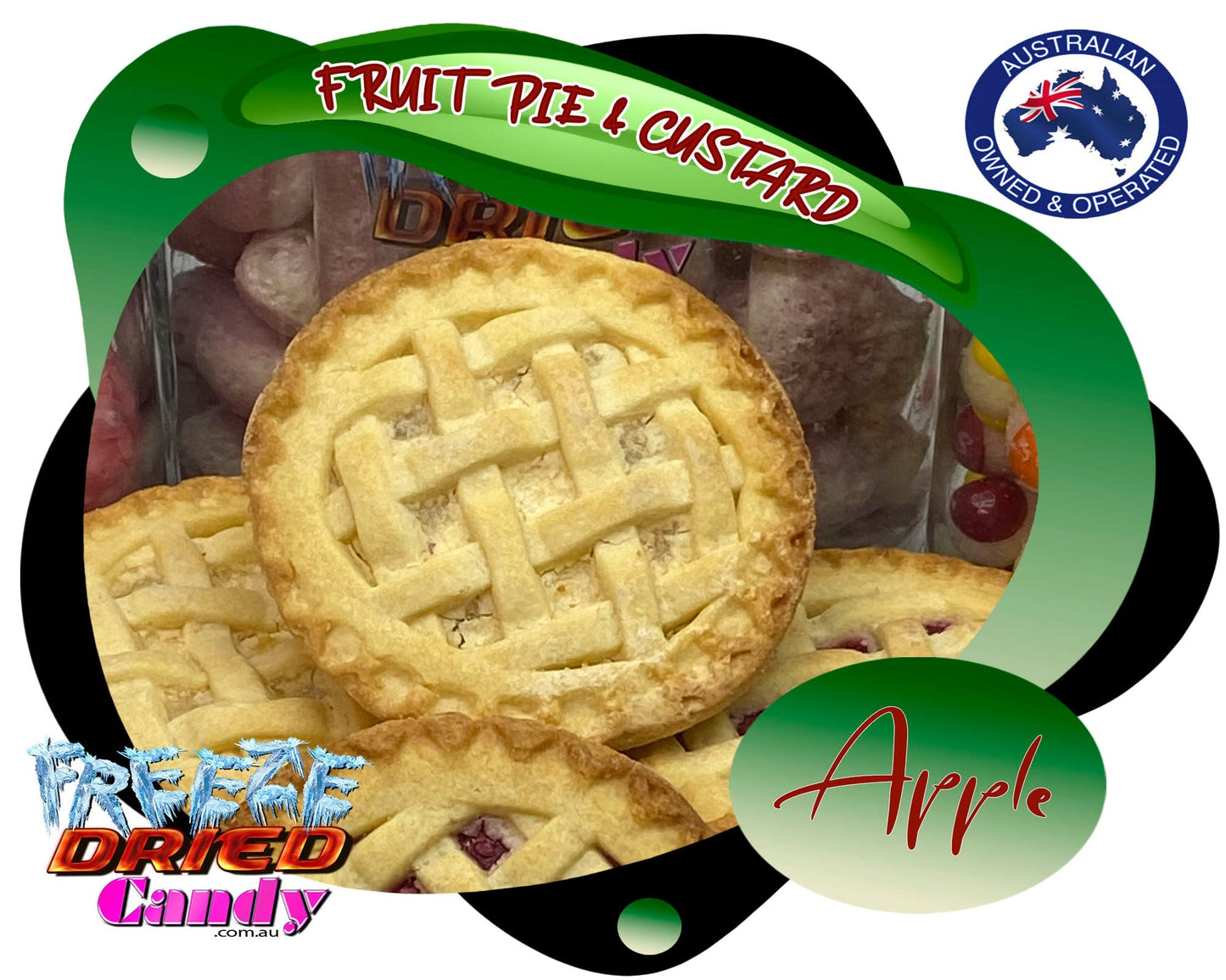 Freeze Dried Fruit Pie & Custard- Apple or Blackberry- Freeze Dried Candy Lollies & Desserts Sometimes you want a dessert that's READY to eat, ALWAYS good, and this is where Freeze Dried Fruit Pies comes into play. Combined with Apple or Blackberry pie filling that's baked in a buttery, flaky crust, with a side serve of Freeze Dried Vanilla Custard. Every bite is worthwhile!