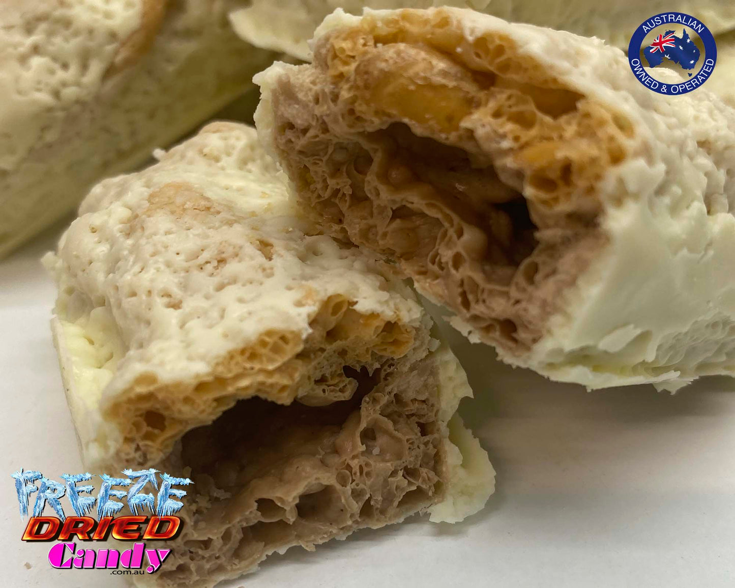 Freeze Dried Ice Cream Snickers Bar are packed with peanuts, caramel, a creamy centre and coated in white chocolate. Very moreish. After being freeze dried the ice cream is crunchy, the flavor is intensified and has 0% moisture content- These are delicious and decadent!