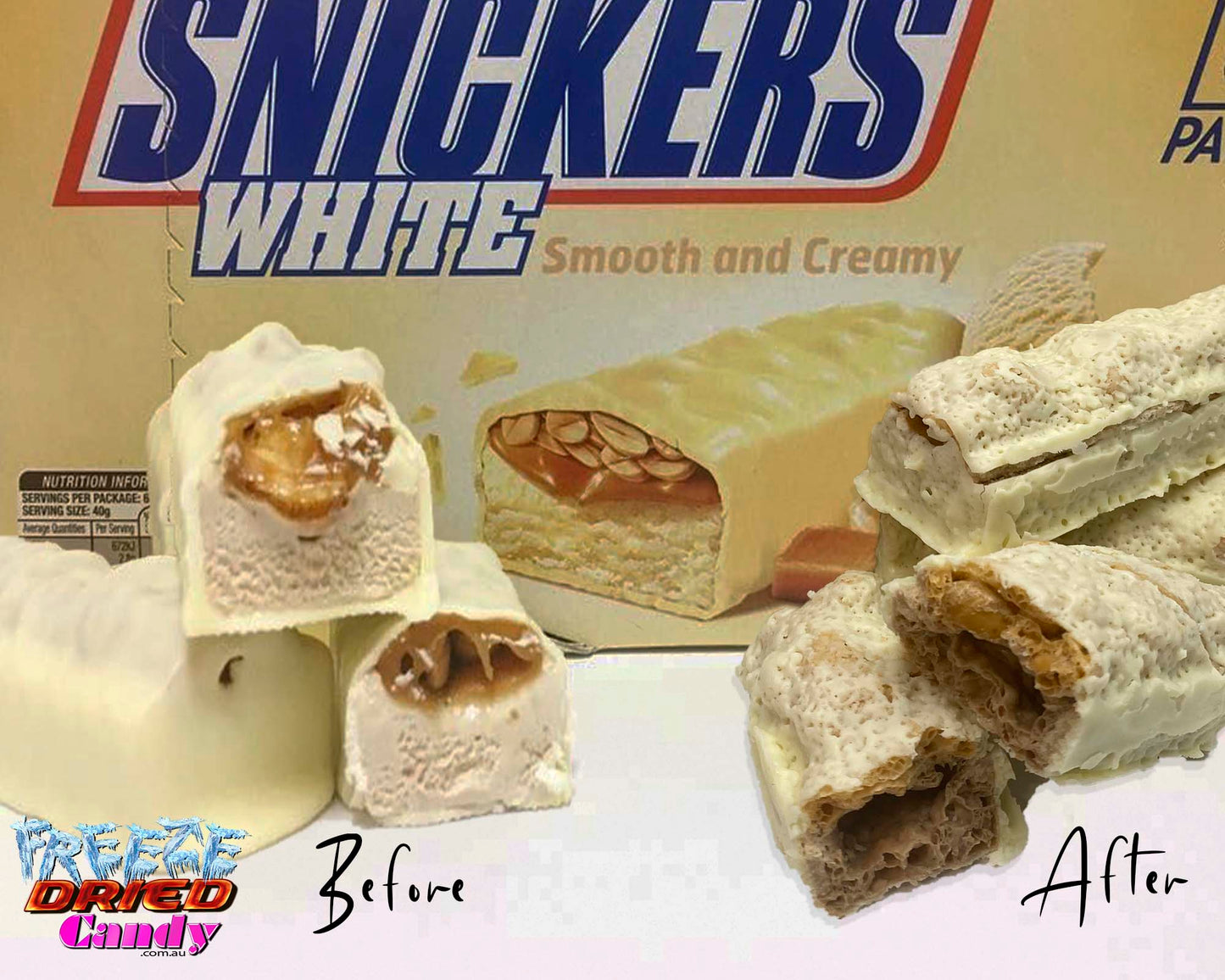 Freeze Dried Ice Cream Snickers Bar are packed with peanuts, caramel, a creamy centre and coated in white chocolate. Very moreish. After being freeze dried the ice cream is crunchy, the flavor is intensified and has 0% moisture content- These are delicious and decadent!
