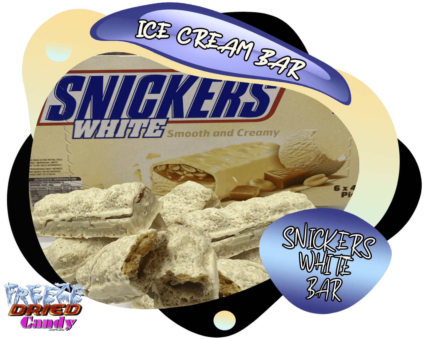 Freeze Dried Ice Cream Snickers Bar are packed with peanuts, caramel, a creamy centre and coated in white chocolate. Very moreish. After being freeze dried the ice cream is crunchy, the flavor is intensified and has 0% moisture content- These are delicious and decadent!