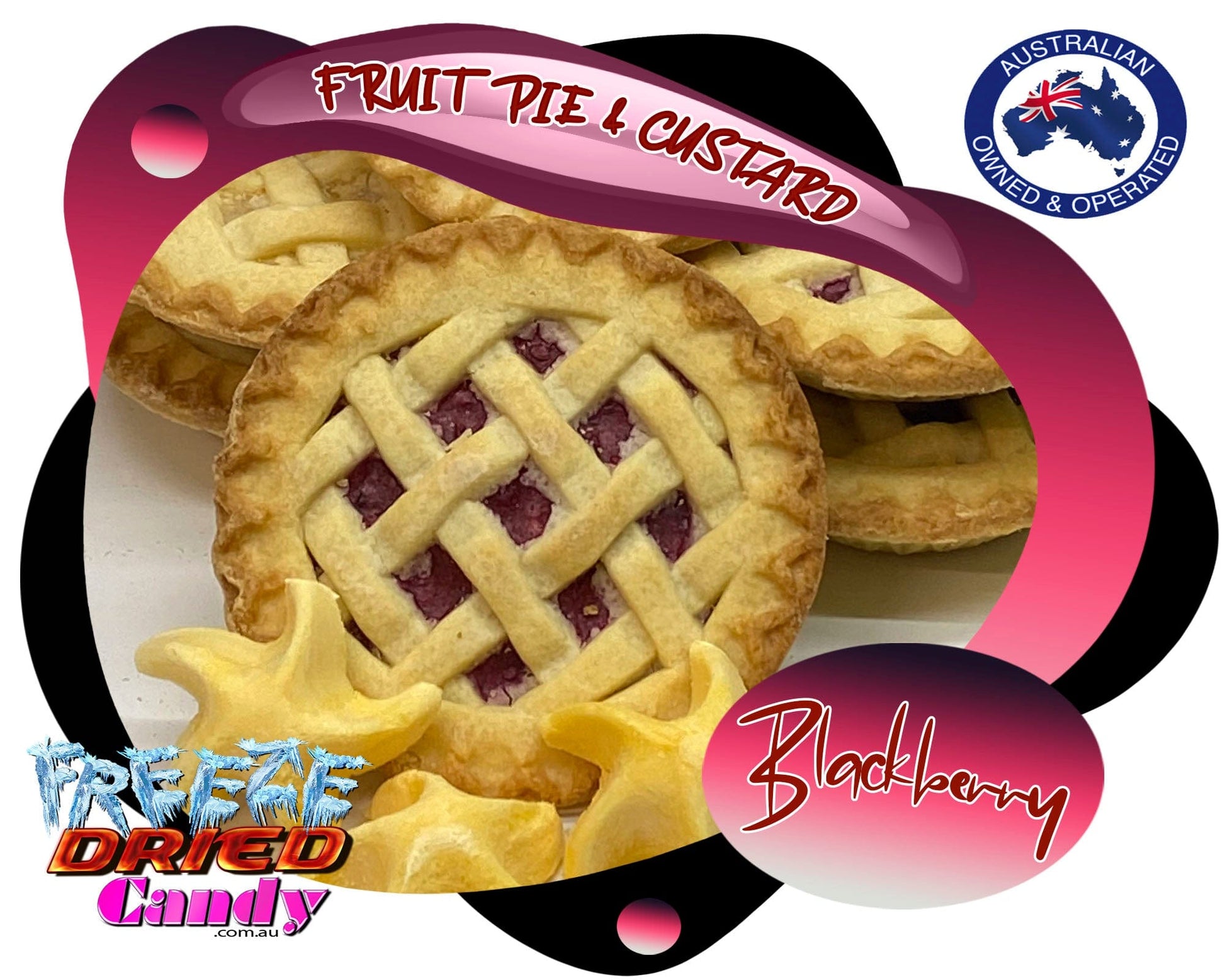 Freeze Dried Fruit Pie & Custard- Apple or  Blackberry- Freeze Dried Candy Lollies & Desserts Sometimes you want a dessert that's READY to eat, ALWAYS good, and this is where Freeze Dried  Fruit Pies comes into play. Combined with Apple or Blackberry pie filling that's baked in a buttery, flaky crust, with a side serve of Freeze Dried Vanilla Custard.  Every bite is worthwhile!  