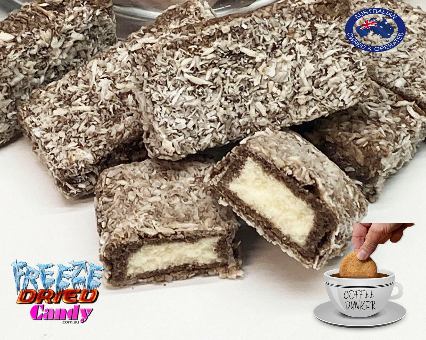 COFFEE DUNKERS..☕️ The crunch and density of a good piece of Freeze Dried Lamington dipped in a steaming cup of coffee is unmatched. While in its original form it would crumble under the mighty heat of coffee. Freeze Dried Lamingtons are extremely hard and and can withhold multiple dunks before it starts to crumble.  Making this treat a Coffee Dunkers dream. 