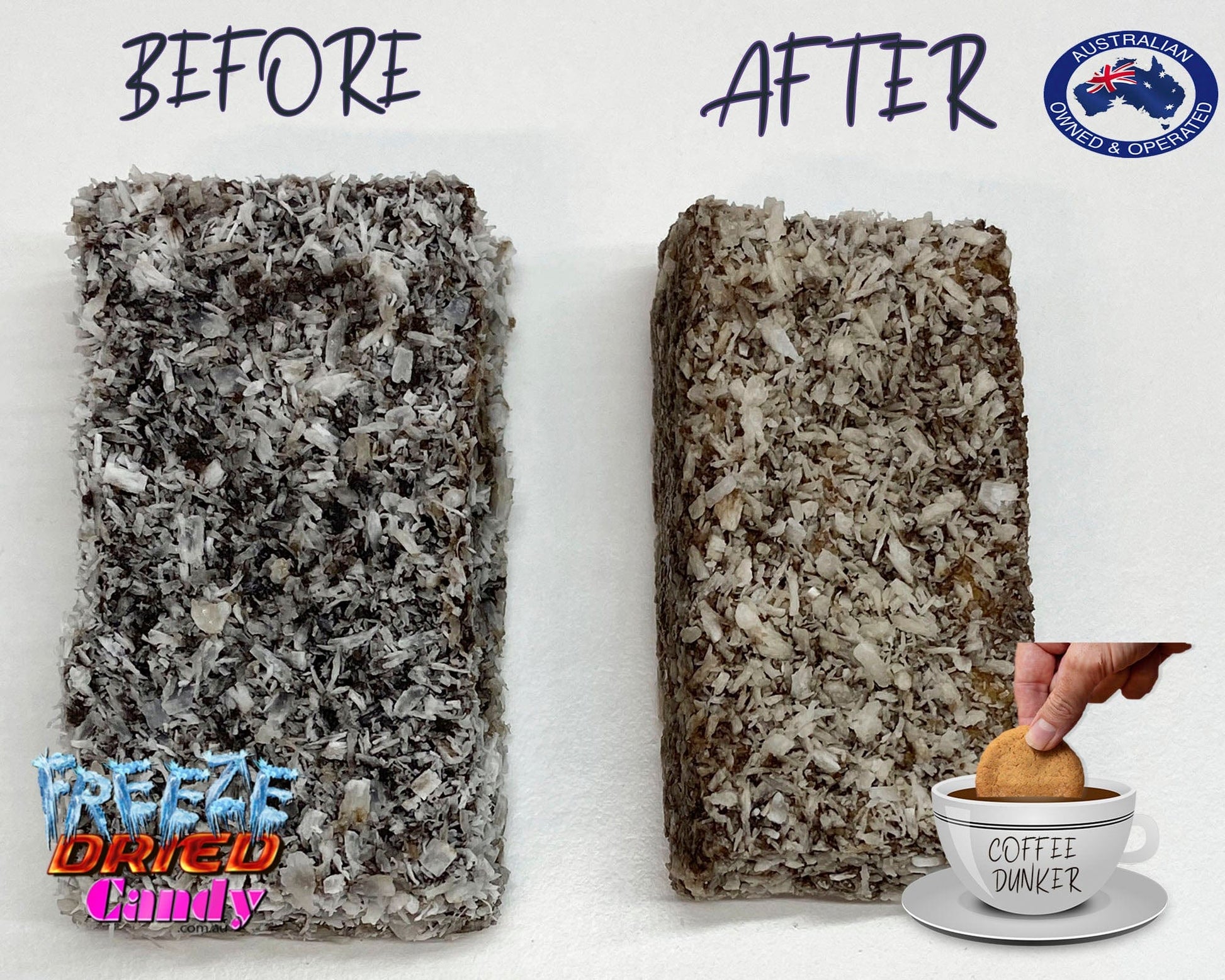 COFFEE DUNKERS..☕️ The crunch and density of a good piece of Freeze Dried Lamington dipped in a steaming cup of coffee is unmatched. While in its original form it would crumble under the mighty heat of coffee. Freeze Dried Lamingtons are extremely hard and and can withhold multiple dunks before it starts to crumble.  Making this treat a Coffee Dunkers dream. 