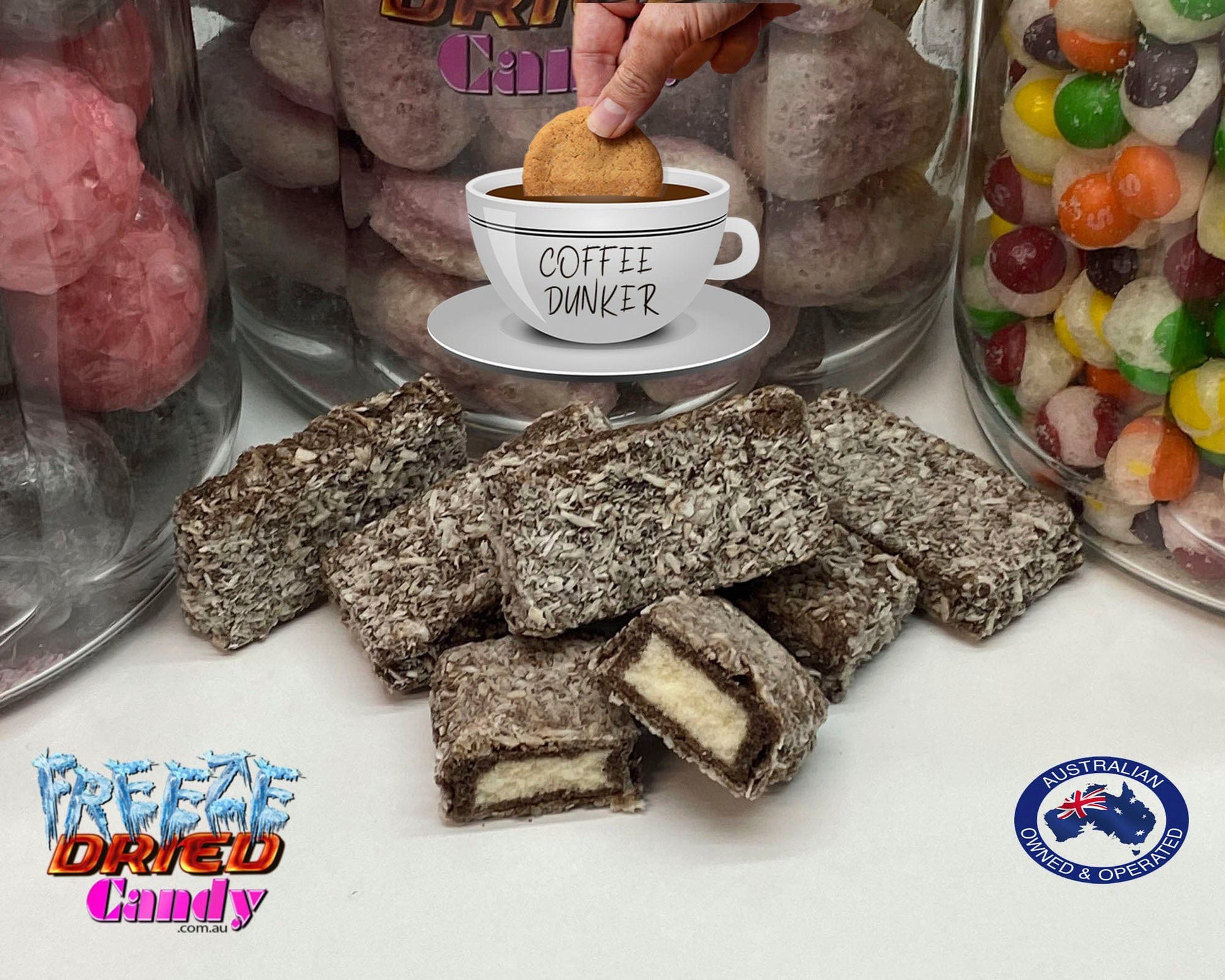 COFFEE DUNKERS..☕️ The crunch and density of a good piece of Freeze Dried Lamington dipped in a steaming cup of coffee is unmatched. While in its original form it would crumble under the mighty heat of coffee. Freeze Dried Lamingtons are extremely hard and and can withhold multiple dunks before it starts to crumble.  Making this treat a Coffee Dunkers dream. 