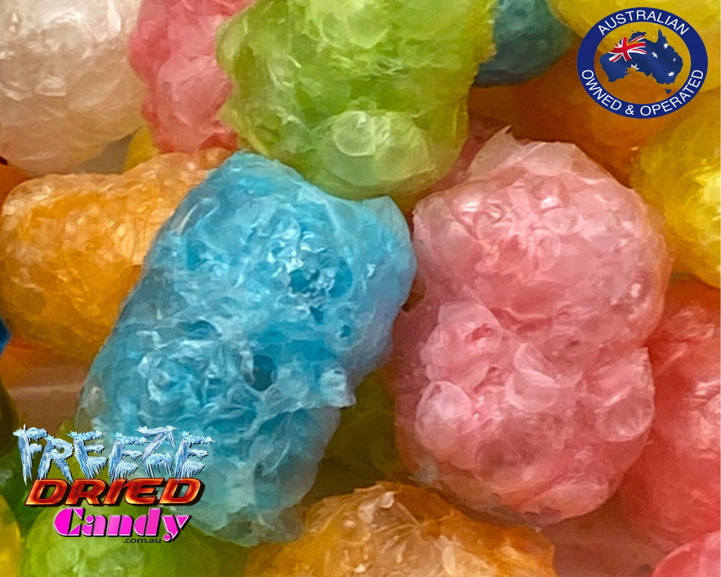  Freeze Dried Candy - Gummi Bears - Mixed Assorted Flavors Orange, Grape, Strawberry, Blue Raspberry, Cherry and Lime. An explosion of full flavor in your mouth as you bite into a Freeze Dried Candy - Gummi Bear,  No need for a handful like in its original form, one single Freeze Dried Gummi Bear will fill your mouth with flavor as it quickly melts on your tongue.  