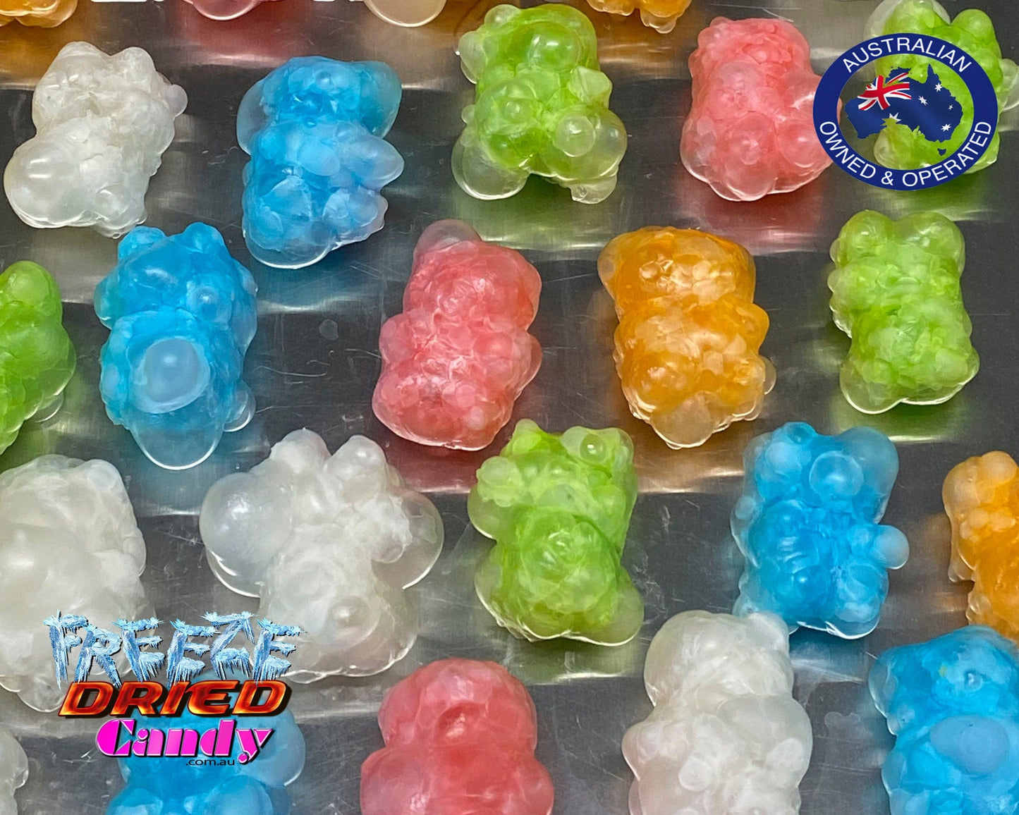  Freeze Dried Candy - Gummi Bears - Mixed Assorted Flavors Orange, Grape, Strawberry, Blue Raspberry, Cherry and Lime. An explosion of full flavor in your mouth as you bite into a Freeze Dried Candy - Gummi Bear,  No need for a handful like in its original form, one single Freeze Dried Gummi Bear will fill your mouth with flavor as it quickly melts on your tongue.  