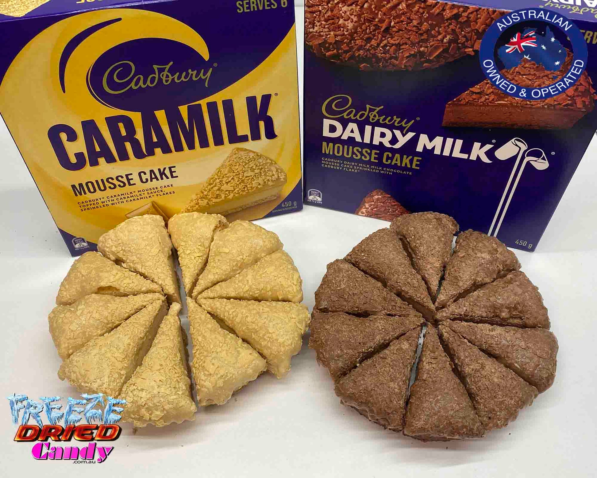 Freeze Dried Dairy Milk & Caramilk Mousse Cake - Cadbury- Freeze Dried Candy Lollies | Australia. Once Freeze Dried and all the moisture has been removed, Dairy Milk Mousse cake turns into a super crunchy decadent treat.  To die for..!!   Proving you can never have too much Dairy Milk, this delicious creation features a Dairy Milk mousse layer, topped with Dairy Milk sauce, sprinkled Dairy Milk pieces and, of course, you've got a scrumptious biscuit base as the foundation.