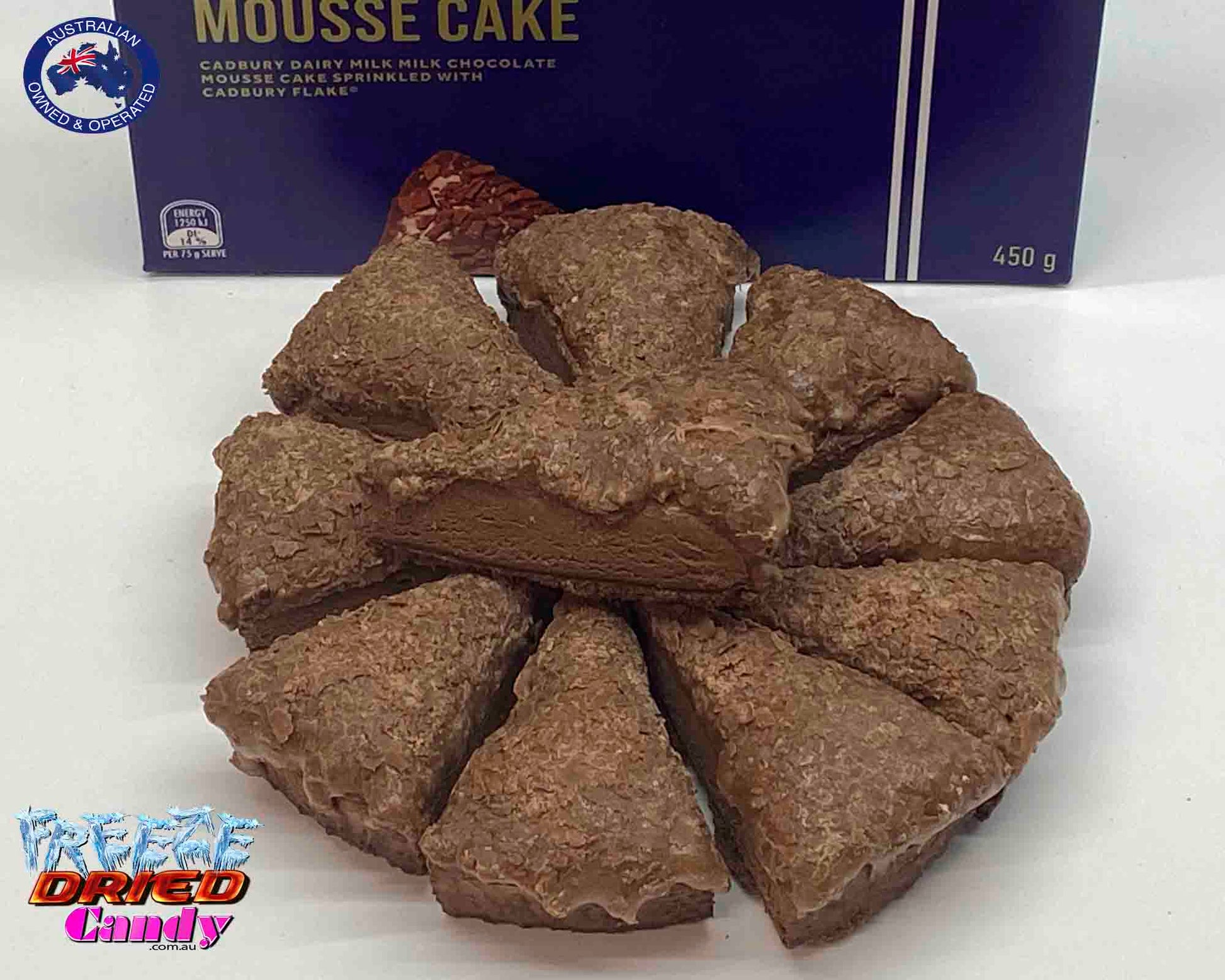 Freeze Dried Dairy Milk Mousse Cake - Cadbury- Freeze Dried Candy Lollies | Australia. Once Freeze Dried and all the moisture has been removed, Dairy Milk Mousse cake turns into a super crunchy decadent treat.  To die for..!!   Proving you can never have too much Dairy Milk, this delicious creation features a Dairy Milk mousse layer, topped with Dairy Milk sauce, sprinkled Dairy Milk pieces and, of course, you've got a scrumptious biscuit base as the foundation.