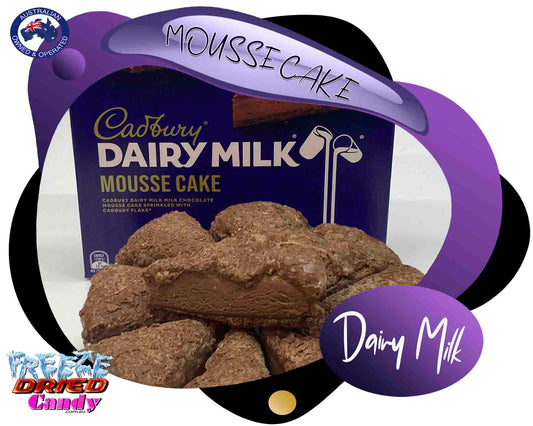Freeze Dried Dairy Milk Mousse Cake - Cadbury- Freeze Dried Candy Lollies | Australia. Once Freeze Dried and all the moisture has been removed, Dairy Milk Mousse cake turns into a super crunchy decadent treat.  To die for..!!   Proving you can never have too much Dairy Milk, this delicious creation features a Dairy Milk mousse layer, topped with Dairy Milk sauce, sprinkled Dairy Milk pieces and, of course, you've got a scrumptious biscuit base as the foundation.