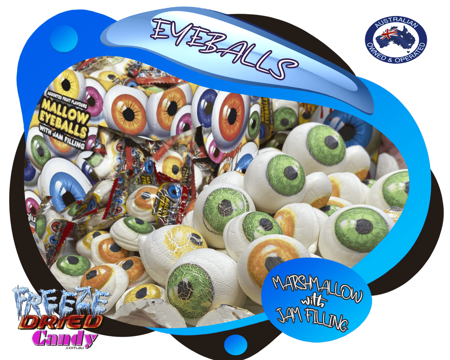 Freeze Dried Eyeballs - Marshmallow with Jam Filling - Freeze Dried Candy Lollies & Treats Try Marshmallow in a whole new fun way!!  Mallow Eyeballs all puffed up, no longer squishy, now transformed into yummy, lighter than air, irresistibly crunchy, melt in your mouth treat,  that is super addictive !   