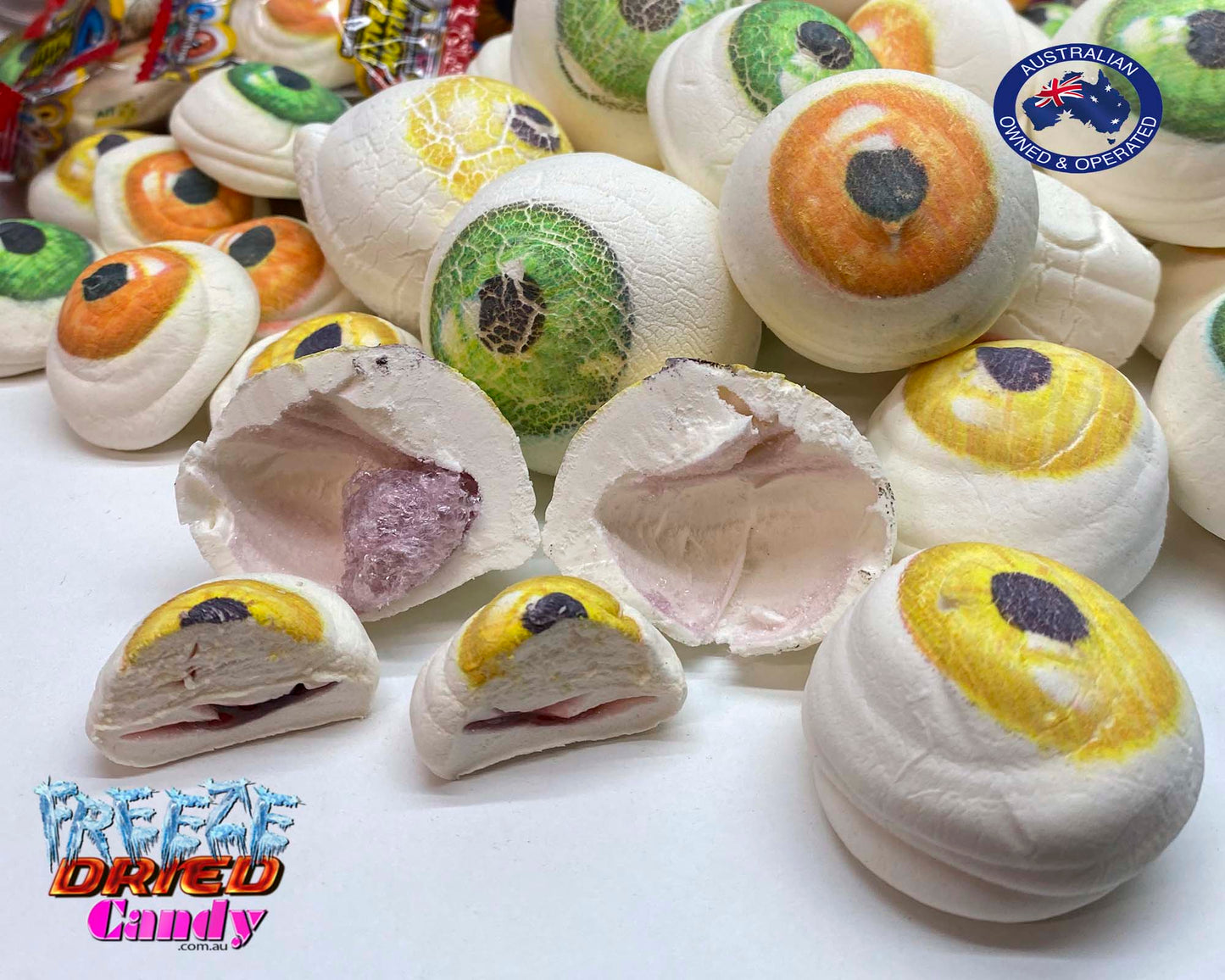 Freeze Dried Eyeballs - Marshmallow with Jam Filling - Freeze Dried Candy Lollies & Treats Try Marshmallow in a whole new fun way!!  Mallow Eyeballs all puffed up, no longer squishy, now transformed into yummy, lighter than air, irresistibly crunchy, melt in your mouth treat,  that is super addictive !   