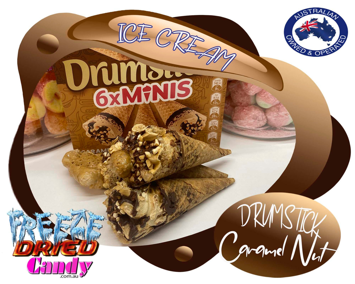  Freeze Dried  Ice Cream Drumstick Mini  - Caramel Nut - Peters  Drumstick Mini's Caramel Nut is a delicious crispy wafer cone with filled with Caramel Flavored ice cream topped with caramel syrup and nuts.  Its ready-to-eat, crispy, light, and extremely tasty.