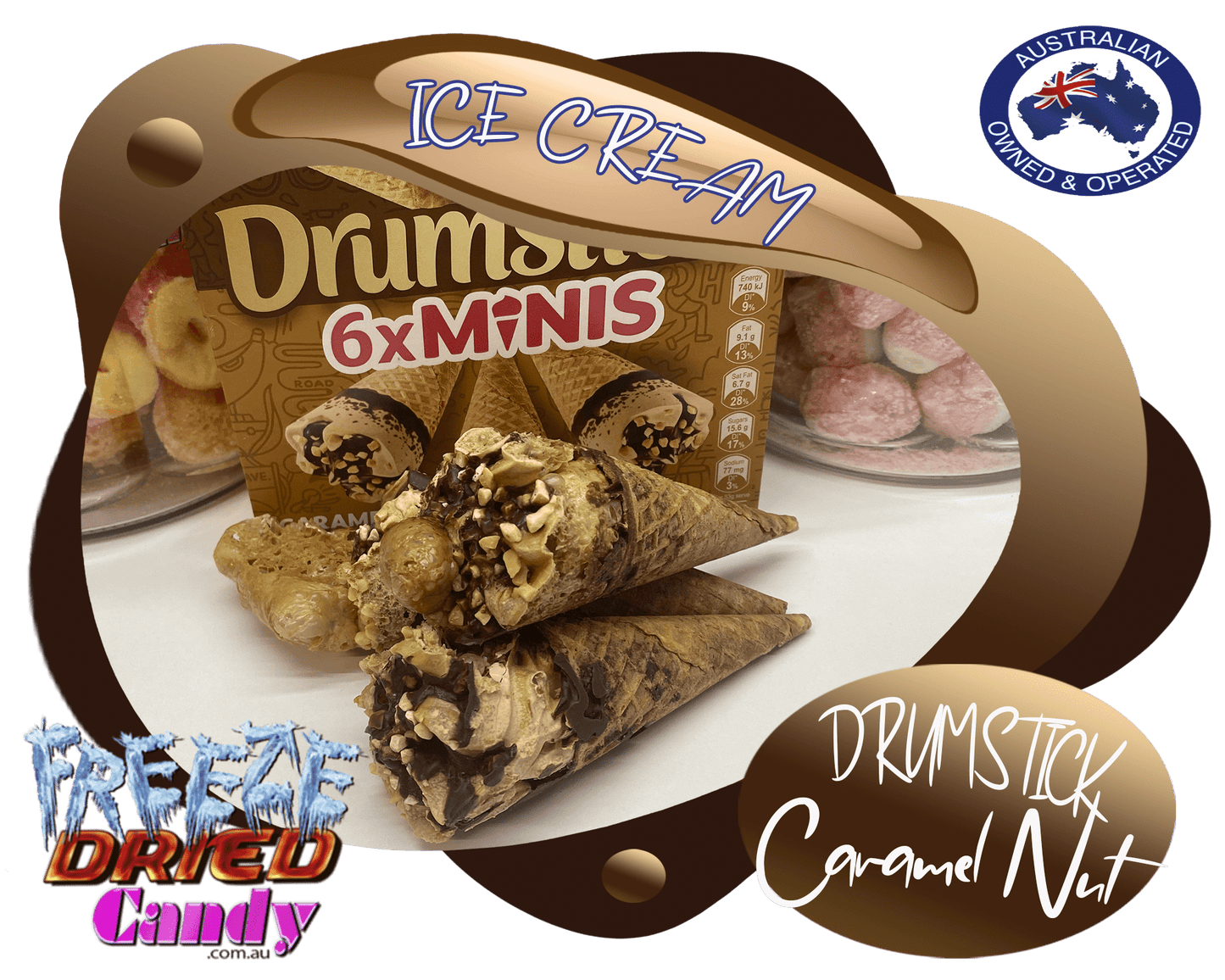 Freeze Dried Ice Cream -  Drumstick Mini - Caramel Nut -  Freeze Dried Candy Lollies Sweets and Treats