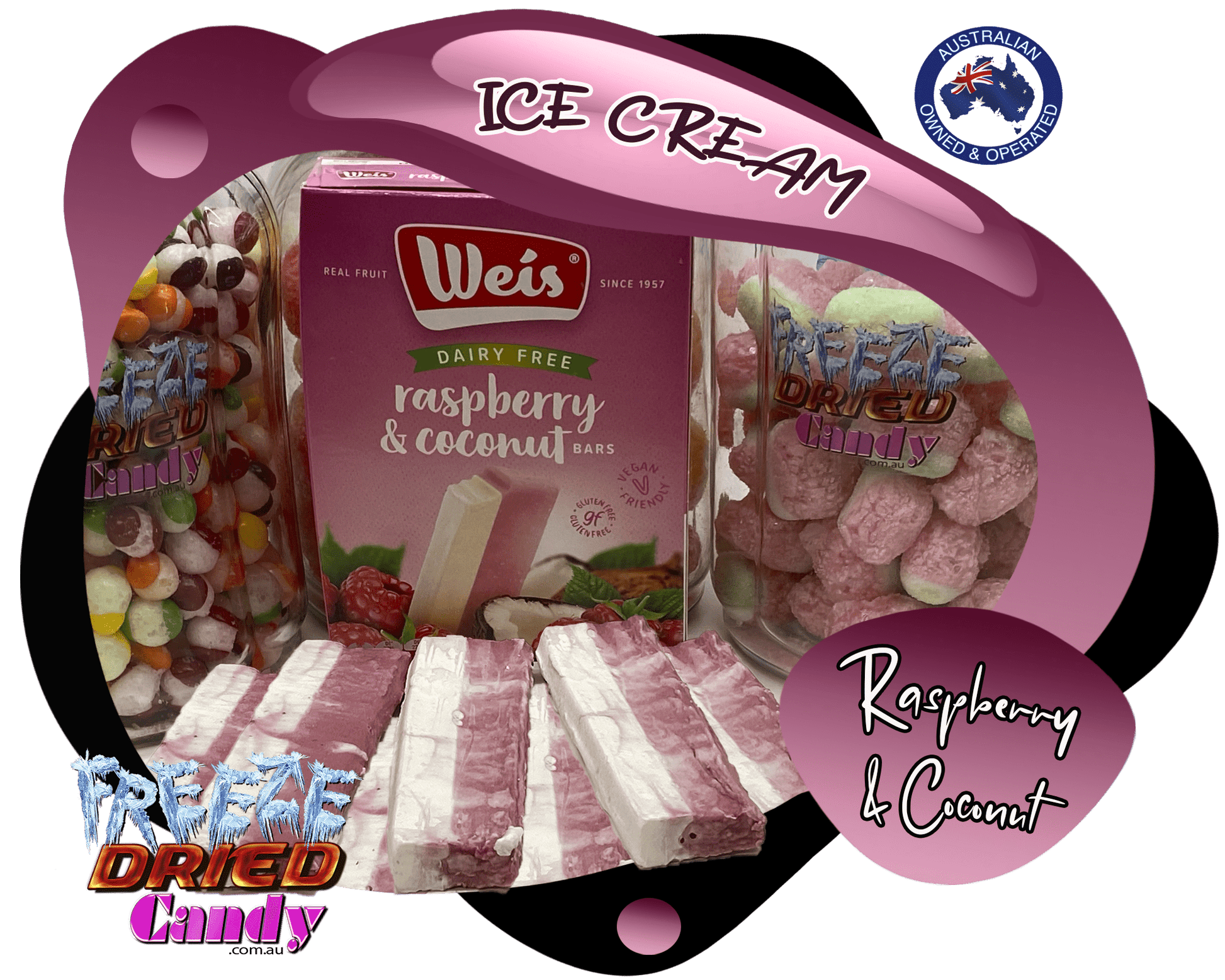 Freeze Dried Candy Lab Ice Cream Novelties Freeze Dried Ice Cream - Weis Bar - GF - Raspberry & Coconut - Freeze Dried Candy Lollies