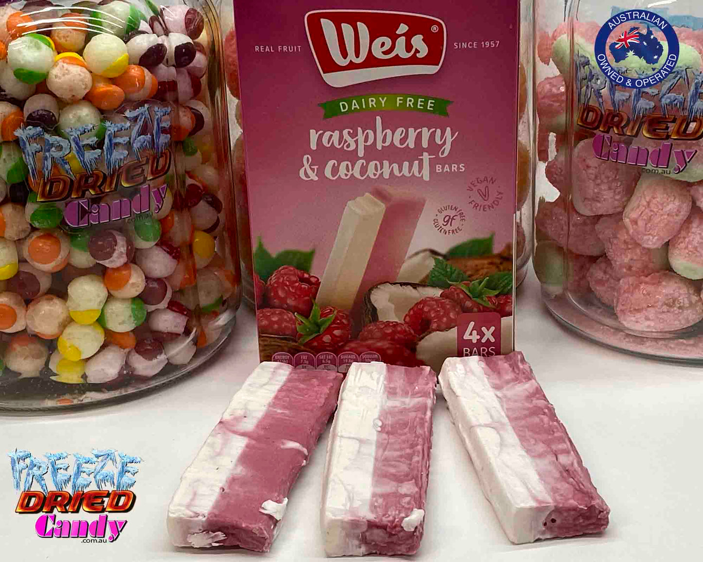 Freeze Dried Ice Cream WEIS® Bar -Raspberry & Coconut Weis Raspberry & Coconut bar is so unique, authentic, and perfectly balanced by a layer of traditional Weis ice cream. One bite and you're sure to be delighted. Fruit and cream are soulmates. Put them together with delicious natural ingredients, and you’ve got heaven in a Weis Bar. The two-toned Classic Weis Bars, a moreish combination of real fruit and their traditional cream strip, are an irresistible indulgence.