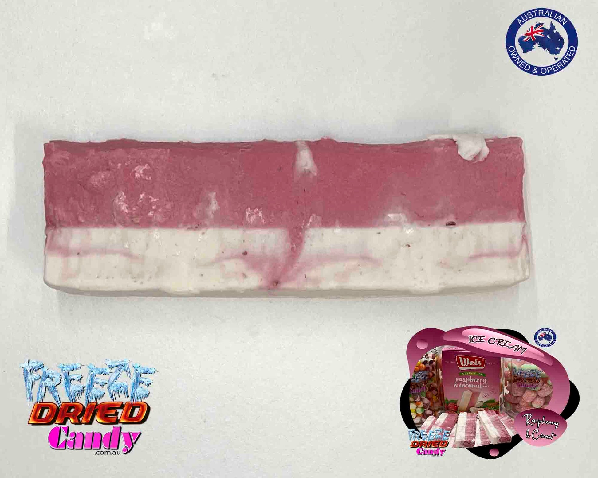Freeze Dried Ice Cream WEIS® Bar -Raspberry & Coconut Weis Raspberry & Coconut bar is so unique, authentic, and perfectly balanced by a layer of traditional Weis ice cream. One bite and you're sure to be delighted. Fruit and cream are soulmates. Put them together with delicious natural ingredients, and you’ve got heaven in a Weis Bar. The two-toned Classic Weis Bars, a moreish combination of real fruit and their traditional cream strip, are an irresistible indulgence.