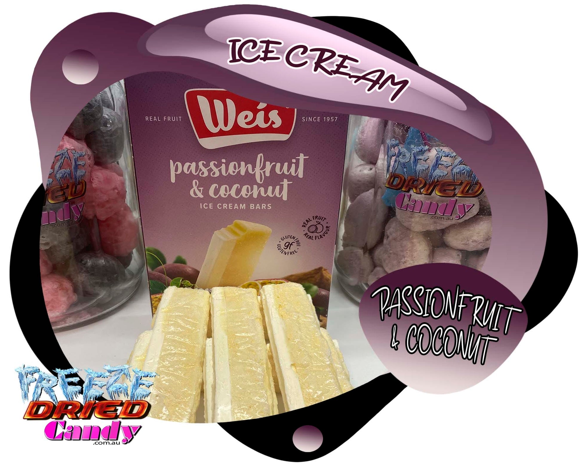 Freeze Dried Ice Cream WEIS® Bar - Passionfruit & Coconut  bar is so unique, authentic, and perfectly balanced by a layer of traditional Weis ice cream.