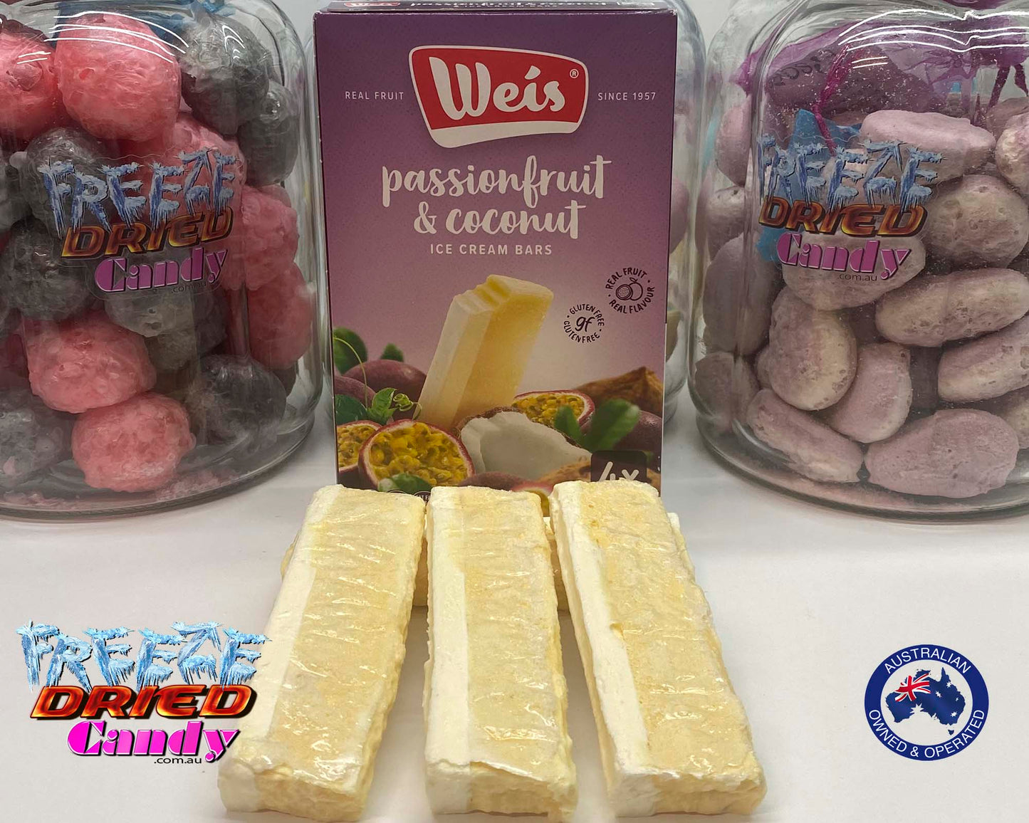 Freeze Dried Ice Cream WEIS® Bar - Passionfruit & Coconut  bar is so unique, authentic, and perfectly balanced by a layer of traditional Weis ice cream.