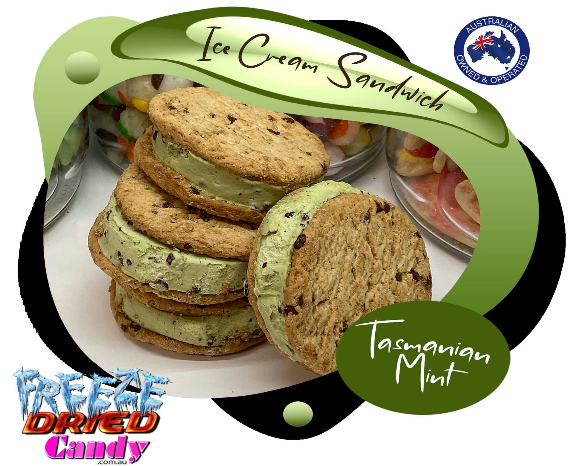 Freeze Dried Ice Cream Sandwich - Tasmanian Mint - Freeze Dried Candy Lollies Take your taste buds on a space odyssey with a freeze-dried Tasmanian Mint ice cream, sandwiched between two chocolate chip cookies.  A process that is approved by the world's leading authority on space exploration – NASA!  Its ready-to-eat, crispy, light, and extremely tasty. Freeze dried ice cream is for traveller's anywhere.