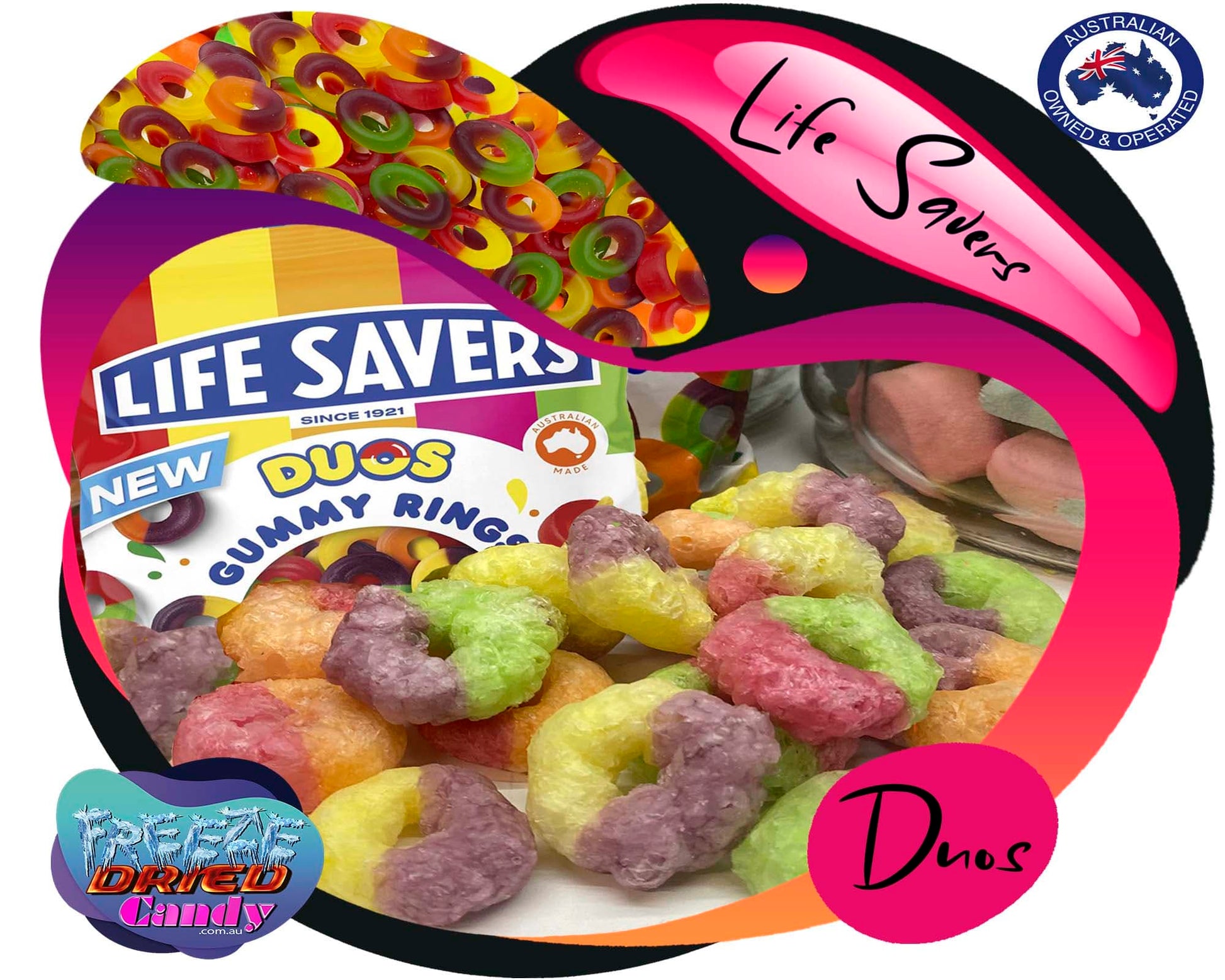 Buy online Freeze Dried Life Saver Gummi Duos - Freeze Dried Candy Lollies Awaken your taste buds and savour twice the flavour with our Freeze Dried Life Savers® Duos Rings. The delicious double flavour duos of raspberry, pineapple, blackcurrant, orange, and watermelon collide for more mouth-watering fun. Enjoy each flavour on its own, or combine together to make a whole new flavour!