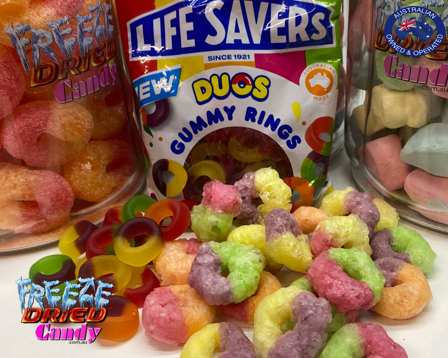 Buy online Freeze Dried Life Saver Gummi Duos - Freeze Dried Candy Lollies Awaken your taste buds and savour twice the flavour with our Freeze Dried Life Savers® Duos Rings. The delicious double flavour duos of raspberry, pineapple, blackcurrant, orange, and watermelon collide for more mouth-watering fun. Enjoy each flavour on its own, or combine together to make a whole new flavour!