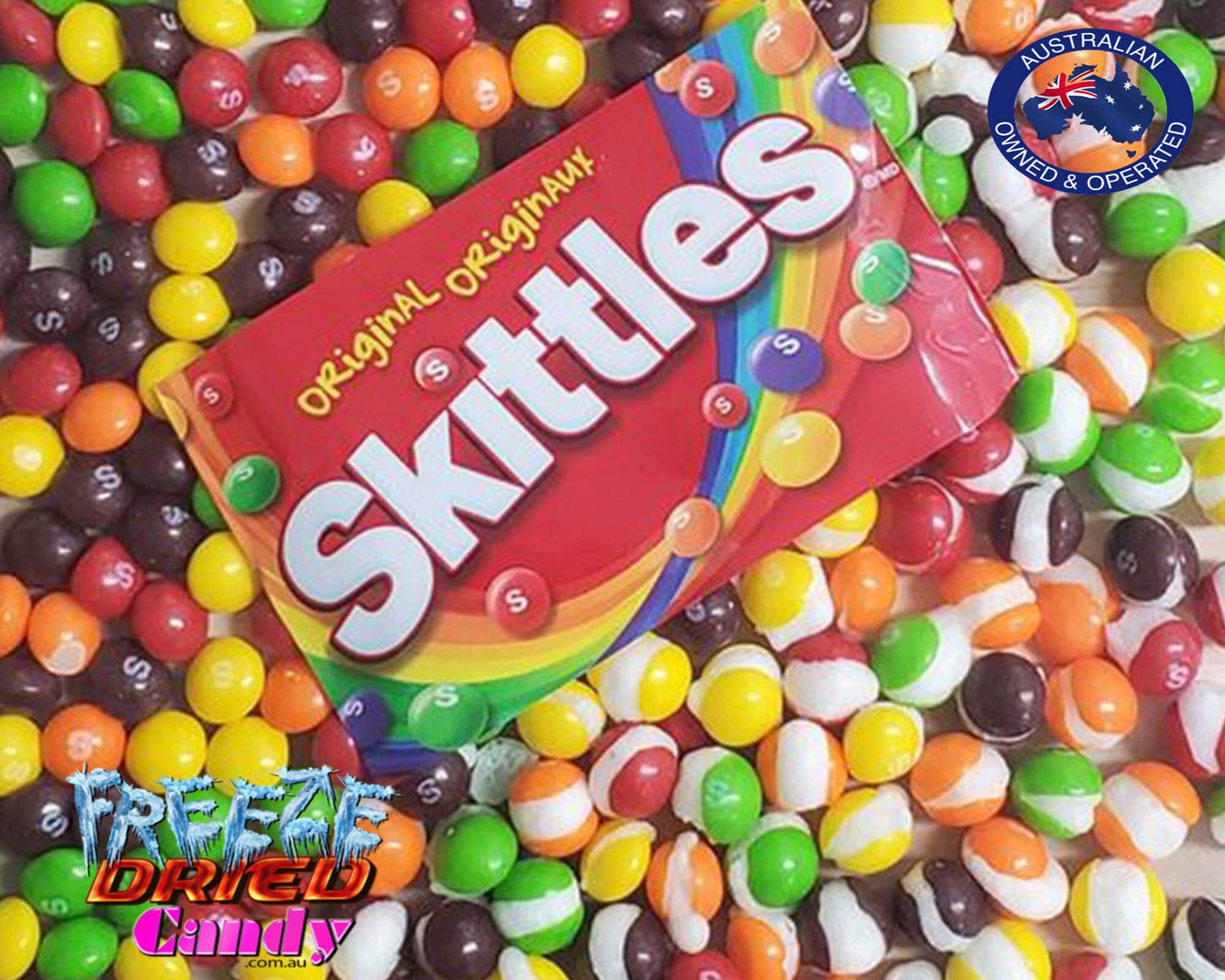 Freeze Dried Skittles - Original - Freeze Dried Candy Why chew when you can crunch. These Freeze-Dried Skittles are highly addicting. The flavor really pops.  Now you can Crunch the Rainbow!