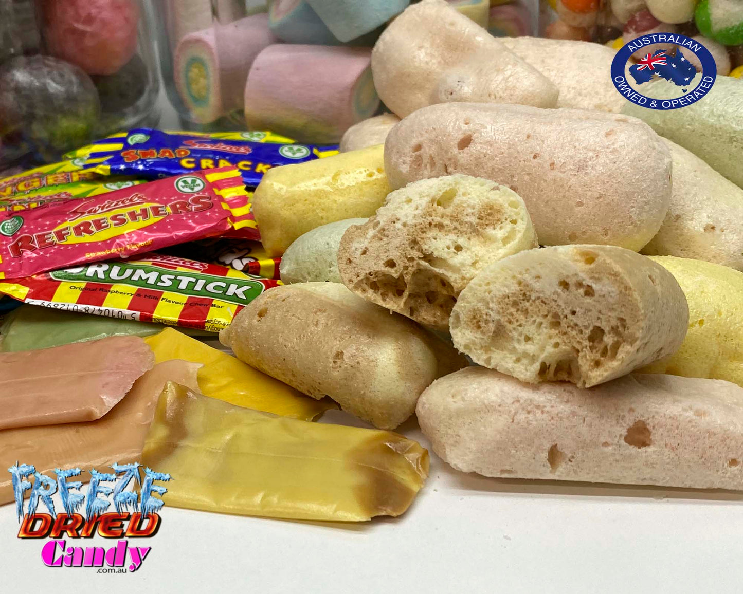 Freeze Dried Swizzels - Mini Me Chew Bars - Freeze Dried Candy Lollies  We have taken the classic Swizzels Mini Me Chew bar and put it through the freeze drying process, they keep their wonderful flavors but ditch the chewy texture. They are now little bursts of crunchy freeze dried goodness in your favorite Swizzel Chew bar. 