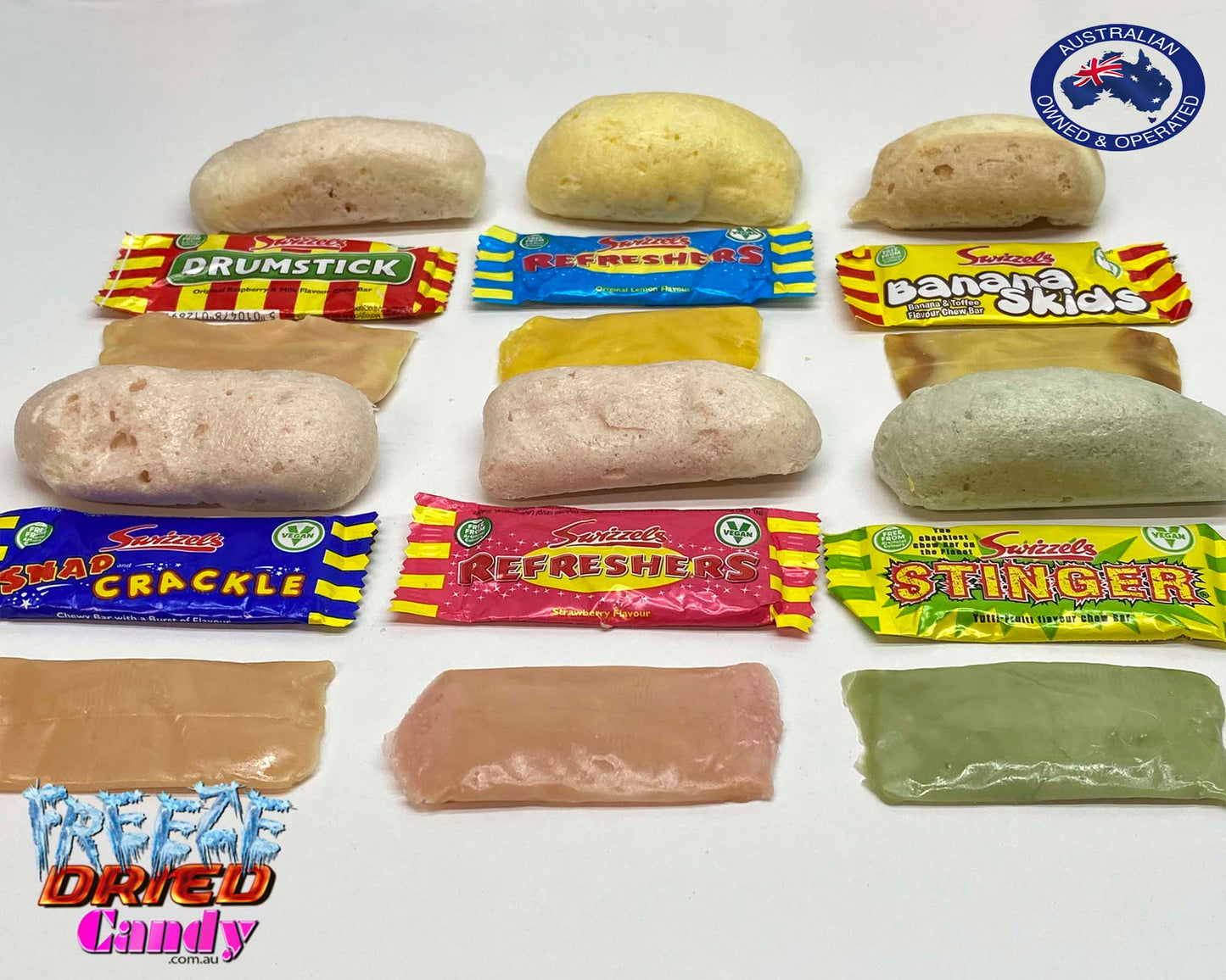 Freeze Dried Swizzels - Mini Me Chew Bars - Freeze Dried Candy Lollies  We have taken the classic Swizzels Mini Me Chew bar and put it through the freeze drying process, they keep their wonderful flavors but ditch the chewy texture. They are now little bursts of crunchy freeze dried goodness in your favorite Swizzel Chew bar. 