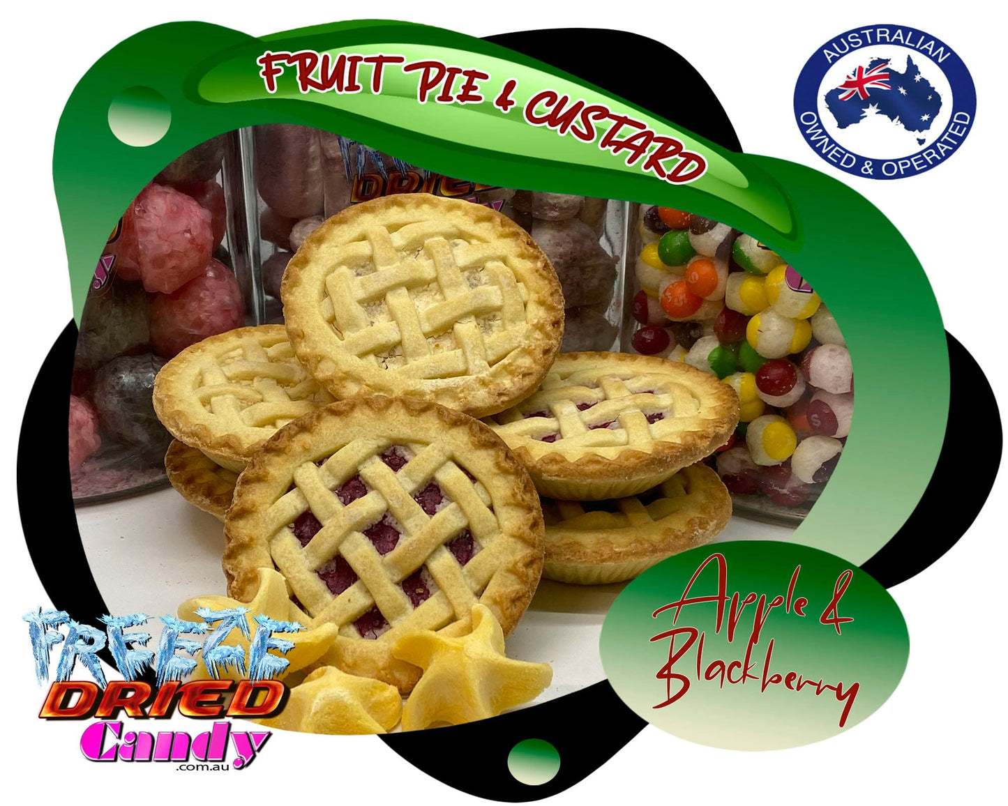 Freeze Dried Fruit Pie & Custard- Apple or  Blackberry- Freeze Dried Candy Lollies & Desserts Sometimes you want a dessert that's READY to eat, ALWAYS good, and this is where Freeze Dried  Fruit Pies comes into play. Combined with Apple or Blackberry pie filling that's baked in a buttery, flaky crust, with a side serve of Freeze Dried Vanilla Custard.  Every bite is worthwhile!  
