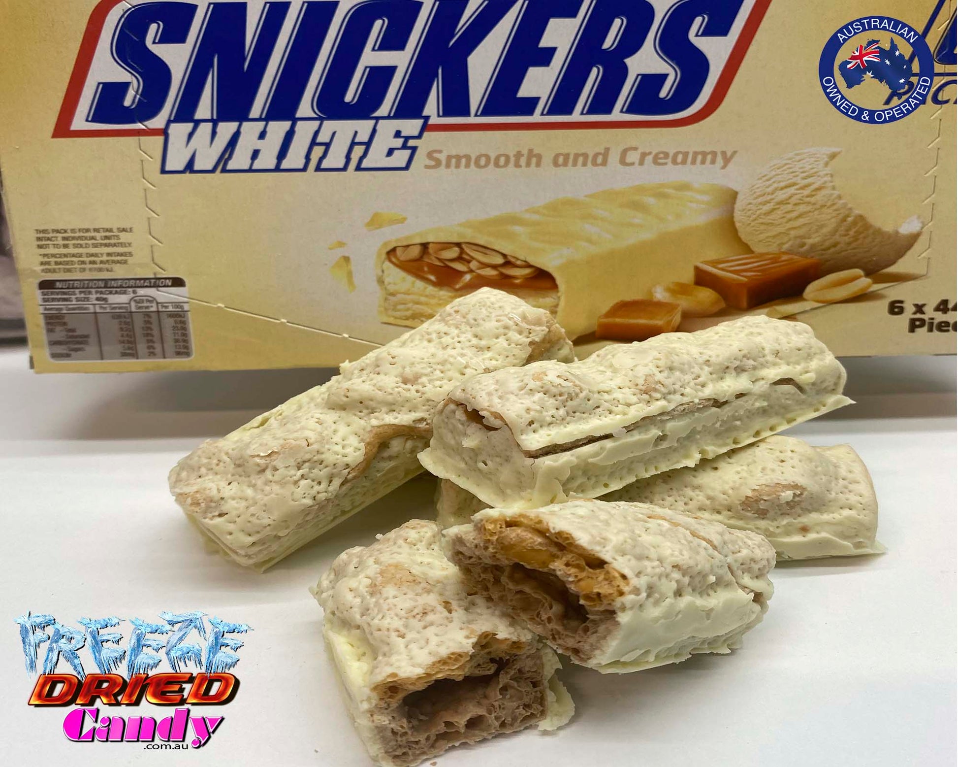 Freeze Dried Ice Cream Snickers Bar  are packed with peanuts, caramel, a creamy centre and coated in white chocolate.   Very moreish. After being freeze dried the ice cream is crunchy, the flavor is intensified and has 0% moisture content-  These are delicious and decadent!