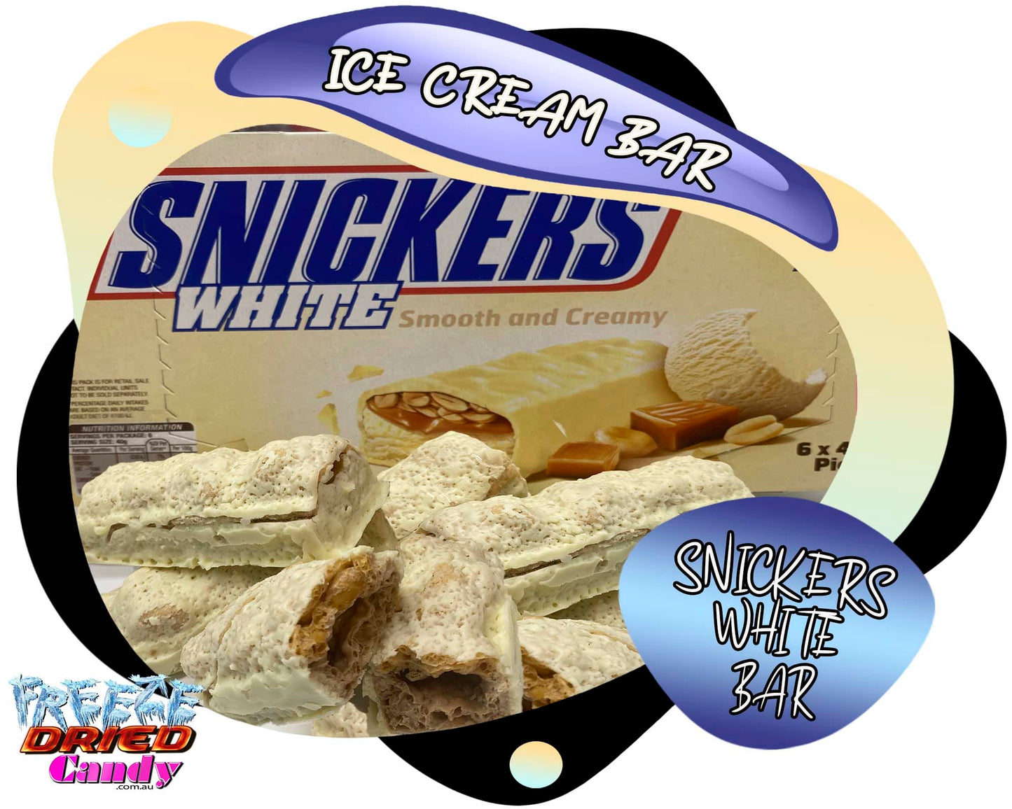Freeze Dried Ice Cream Snickers Bar  are packed with peanuts, caramel, a creamy centre and coated in white chocolate.   Very moreish. After being freeze dried the ice cream is crunchy, the flavor is intensified and has 0% moisture content-  These are delicious and decadent!