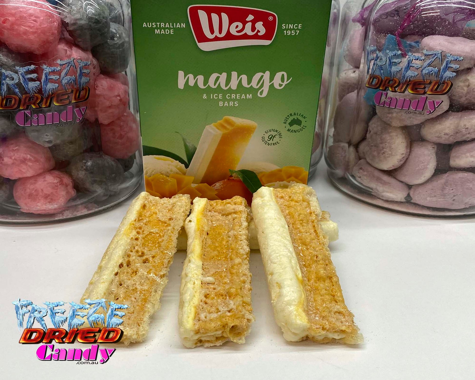 Freeze Dried Ice Cream WEIS® Bar - Mango Weis Mango bar is so unique, authentic, and perfectly balanced by a layer of traditional Weis ice cream. One bite and you're sure to be delighted. Fruit and cream are soulmates. Put them together with delicious natural ingredients, and you’ve got heaven in a Weis Bar. The two-toned Classic Weis Bars, a moreish combination of real fruit and their traditional cream strip, are an irresistible indulgence.