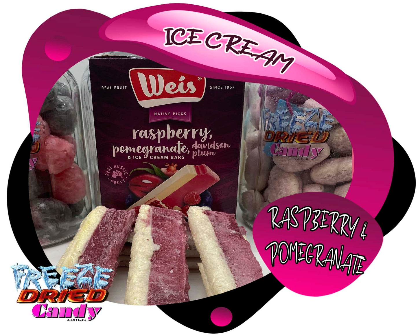 Freeze Dried Ice Cream Weis Bar  - Raspberry & Pomegranate - Freeze Dried Candy Lollies
