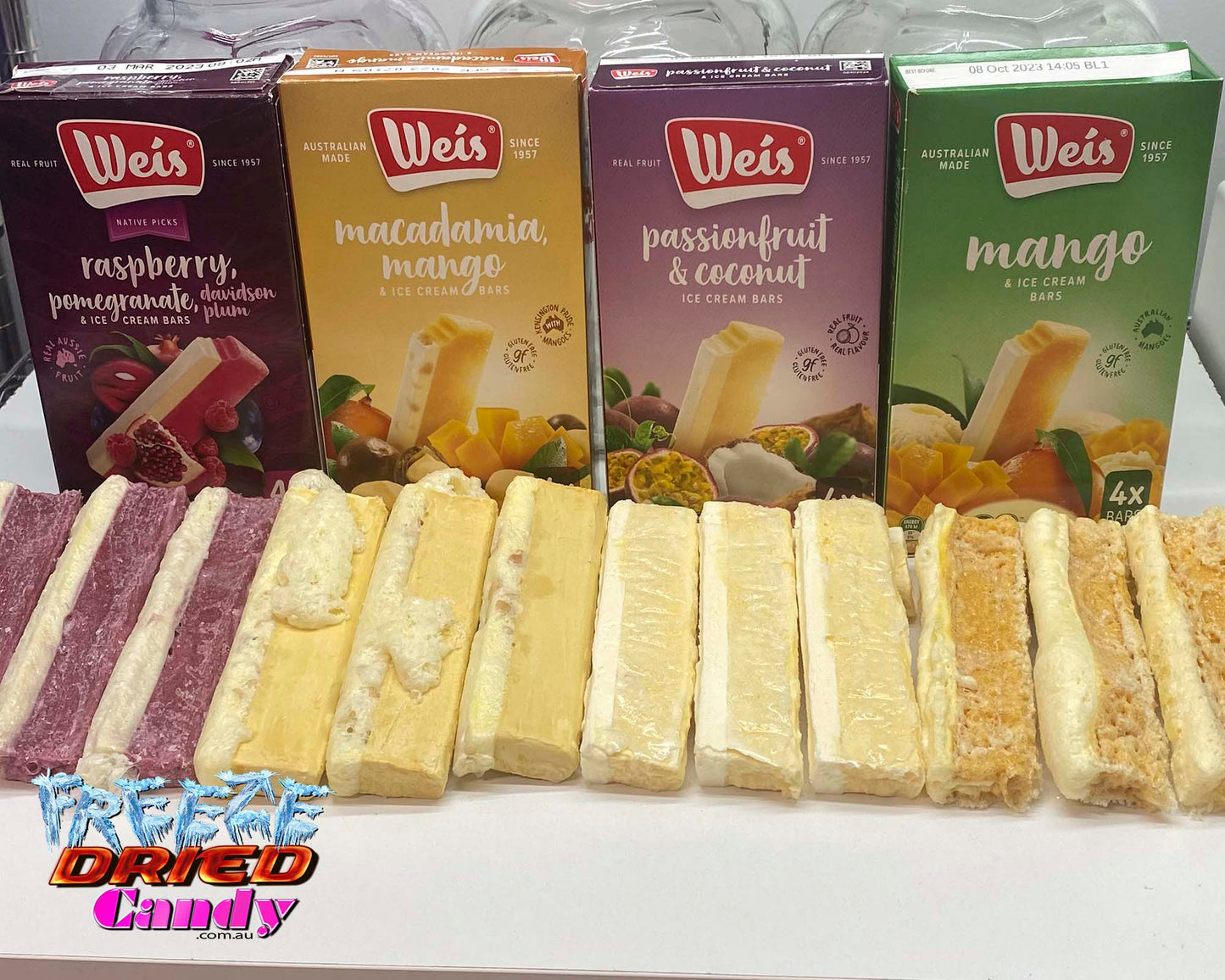 Freeze Dried Ice Cream WEIS® Bars - Weis  bar is so unique, authentic, and perfectly balanced by a layer of traditional Weis ice cream. One bite and you're sure to be delighted. Fruit and cream are soulmates. Put them together with delicious natural ingredients, and you’ve got heaven in a Weis Bar. The two-toned Classic Weis Bars, a moreish combination of real fruit and their traditional cream strip, are an irresistible indulgence.